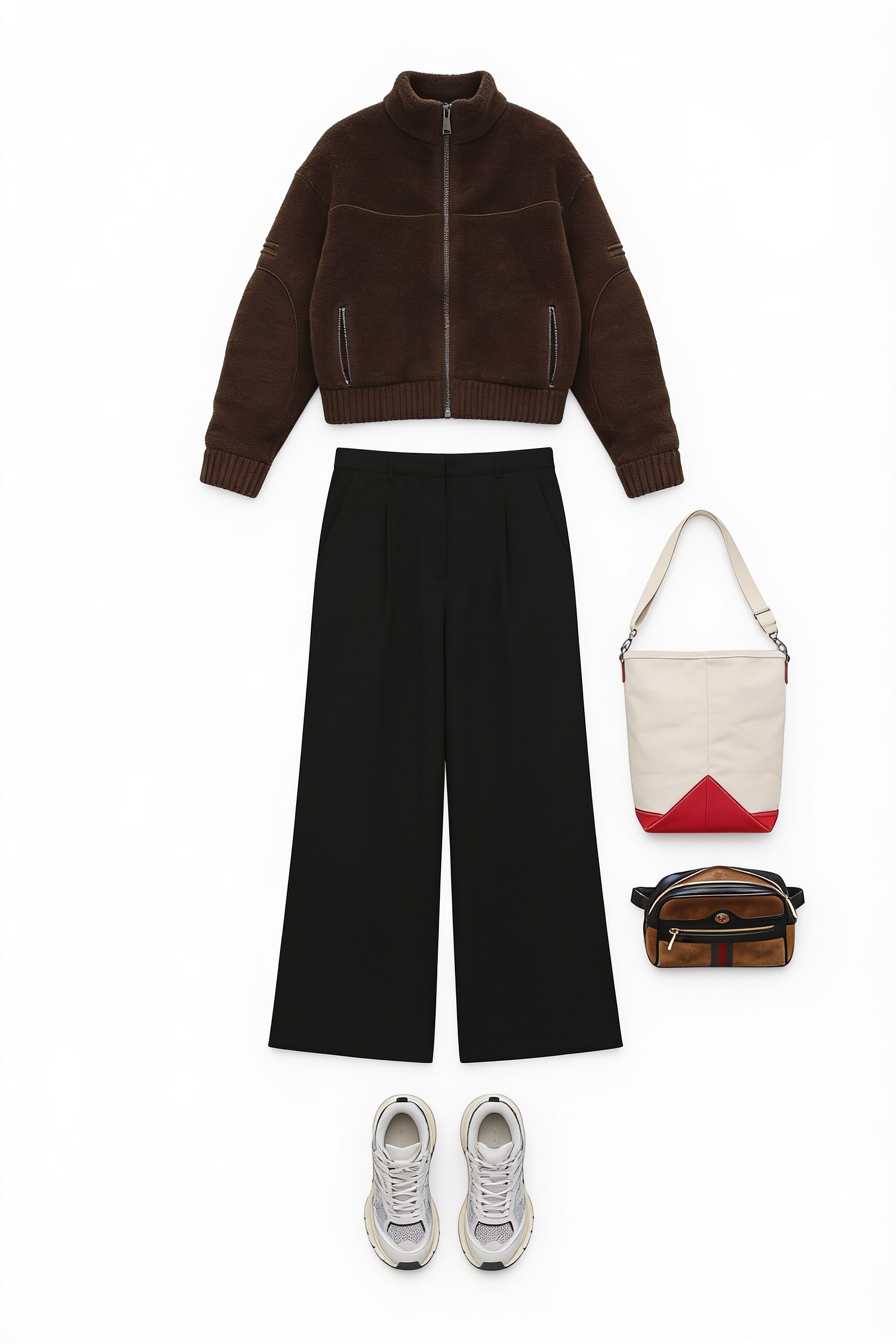 Brown jacket, black wide-leg trousers and sneakers