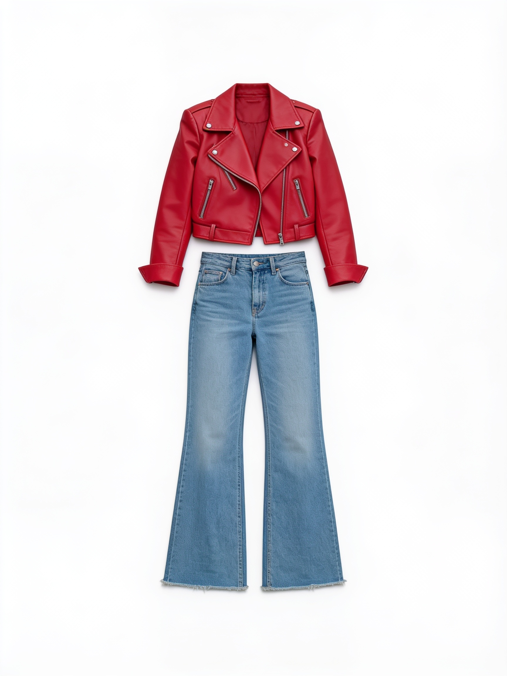Red leather biker jacket and flared jeans