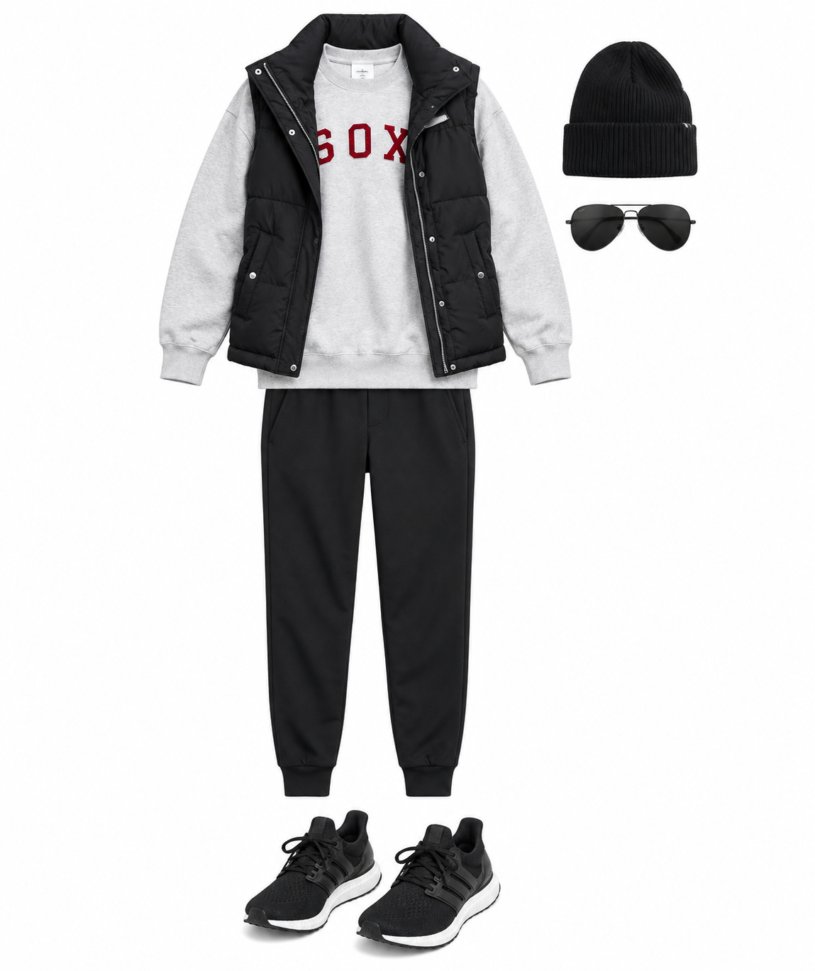 Black quilted vest and grey sweatshirt