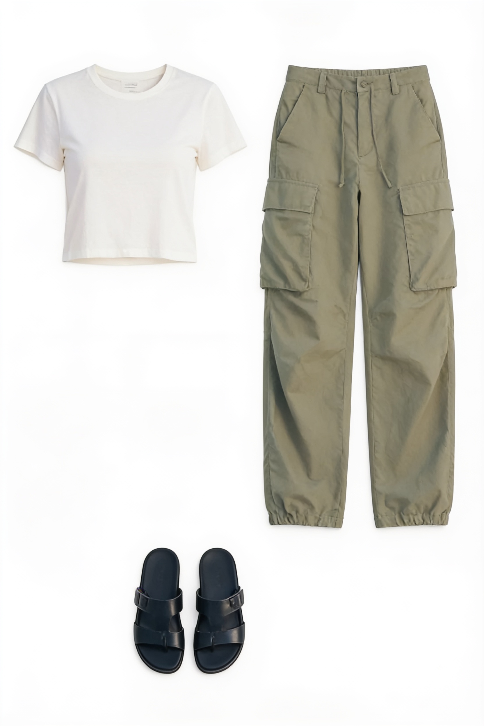 White cropped tee and olive cargo trousers
