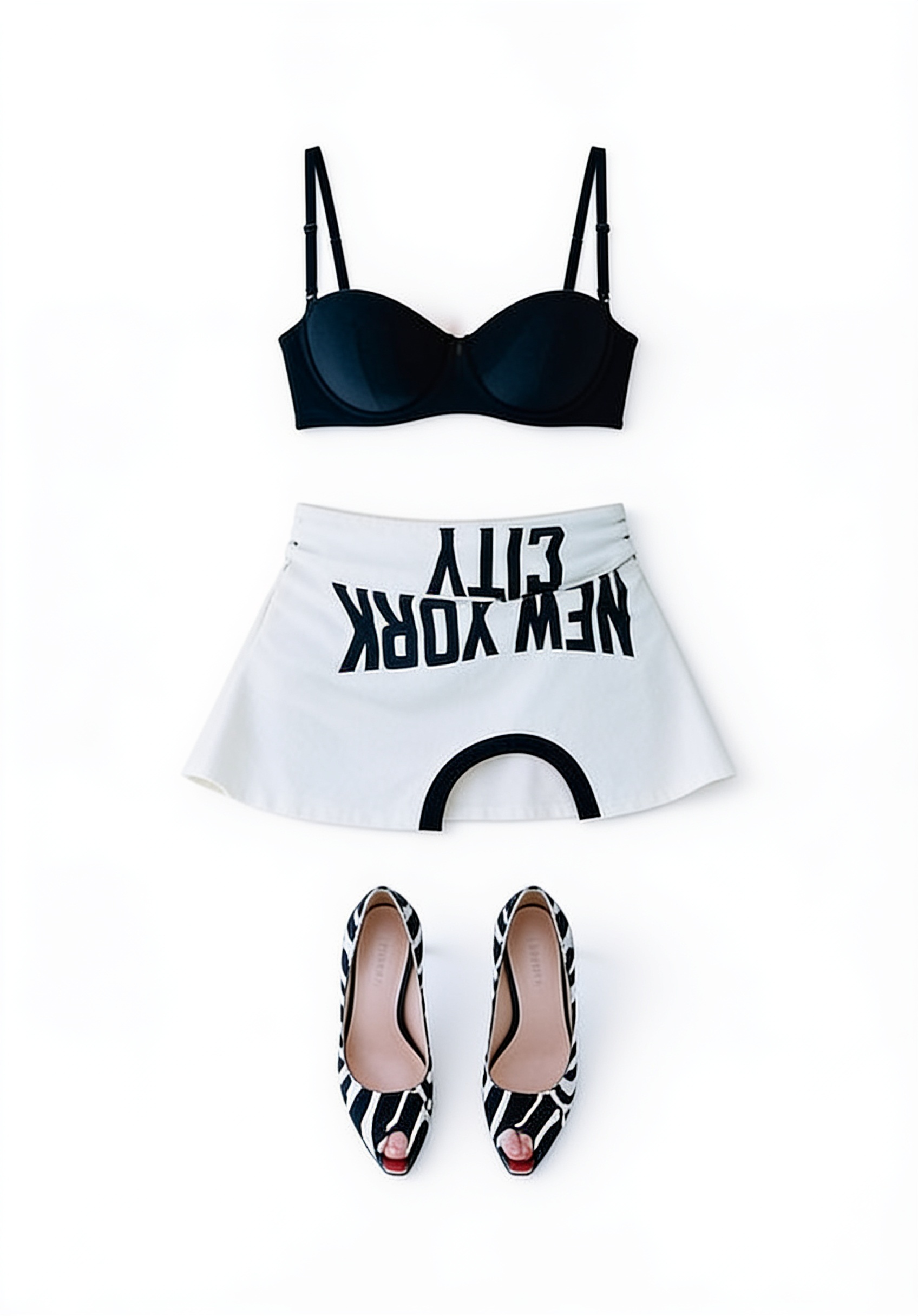 Black cropped top and white graphic mini skirt