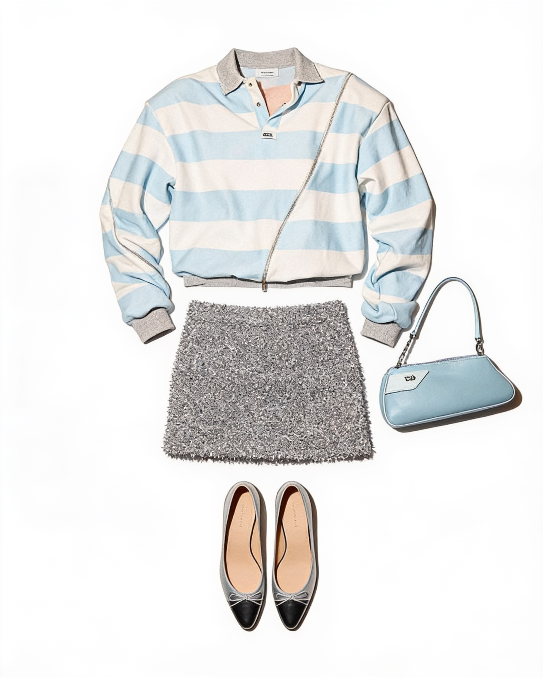 Blue striped shirt and grey mini skirt