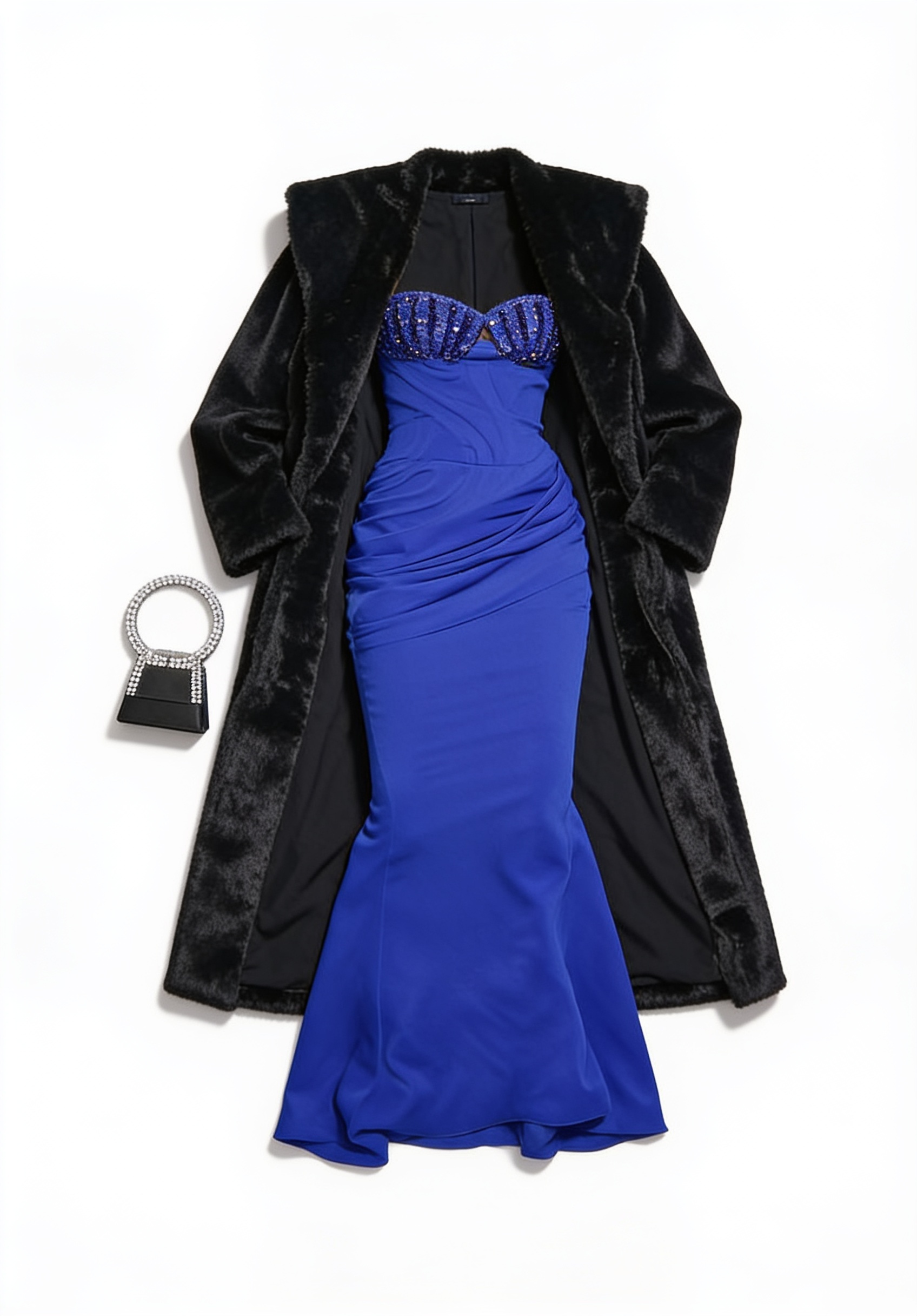 Cobalt blue cutout gown and long black coat