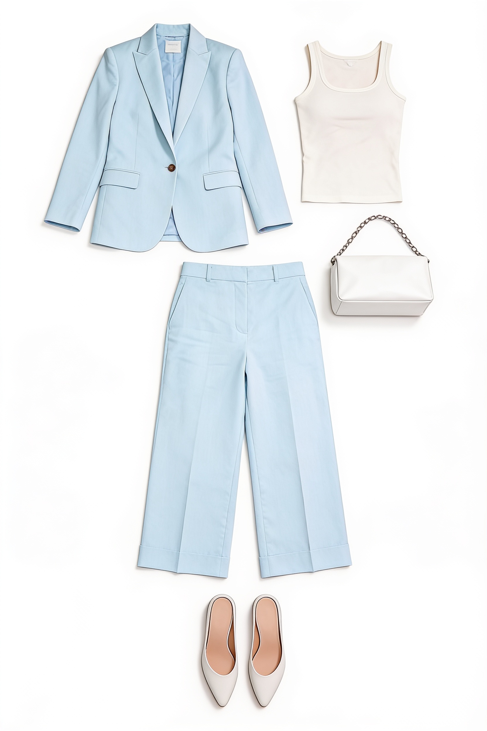 Powder-blue trouser suit and white top