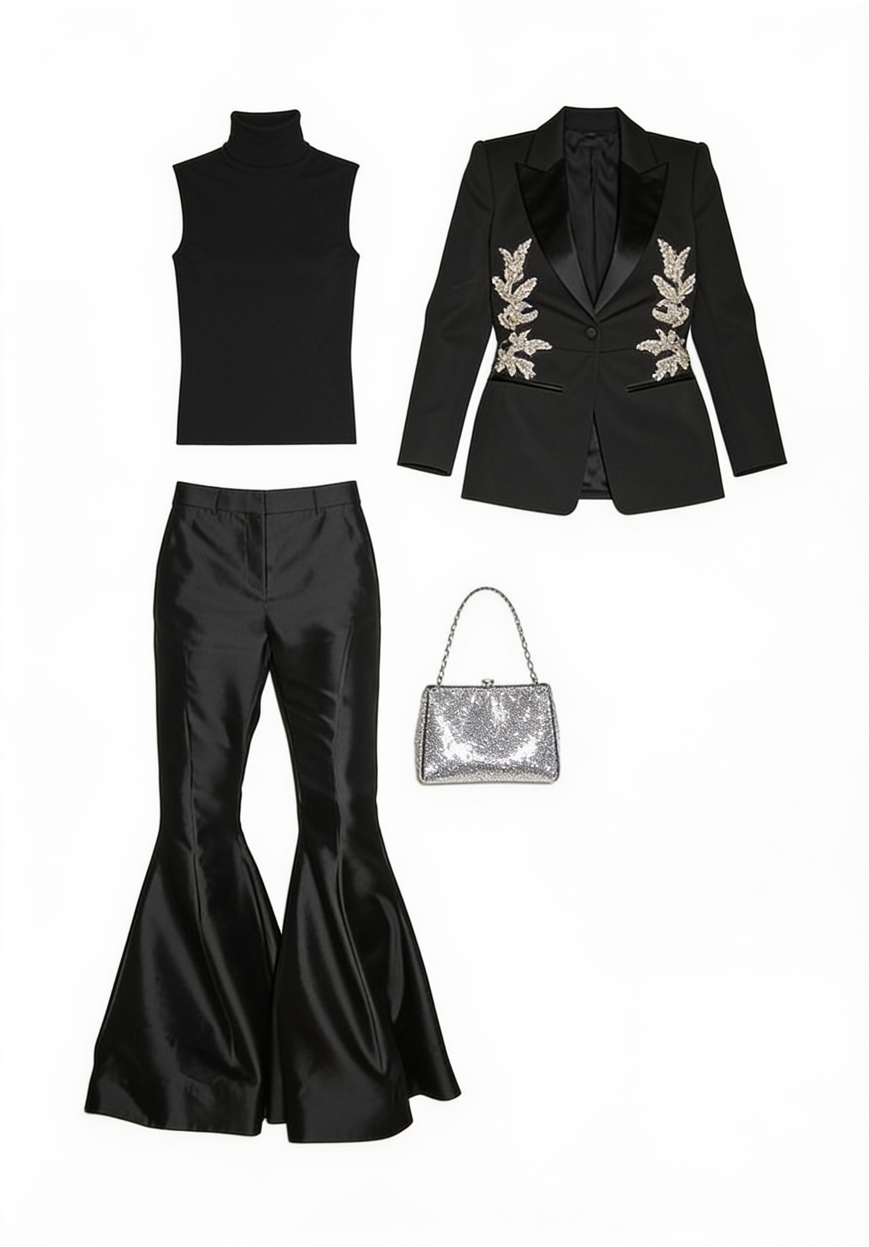 Black embellished blazer and flared trousers