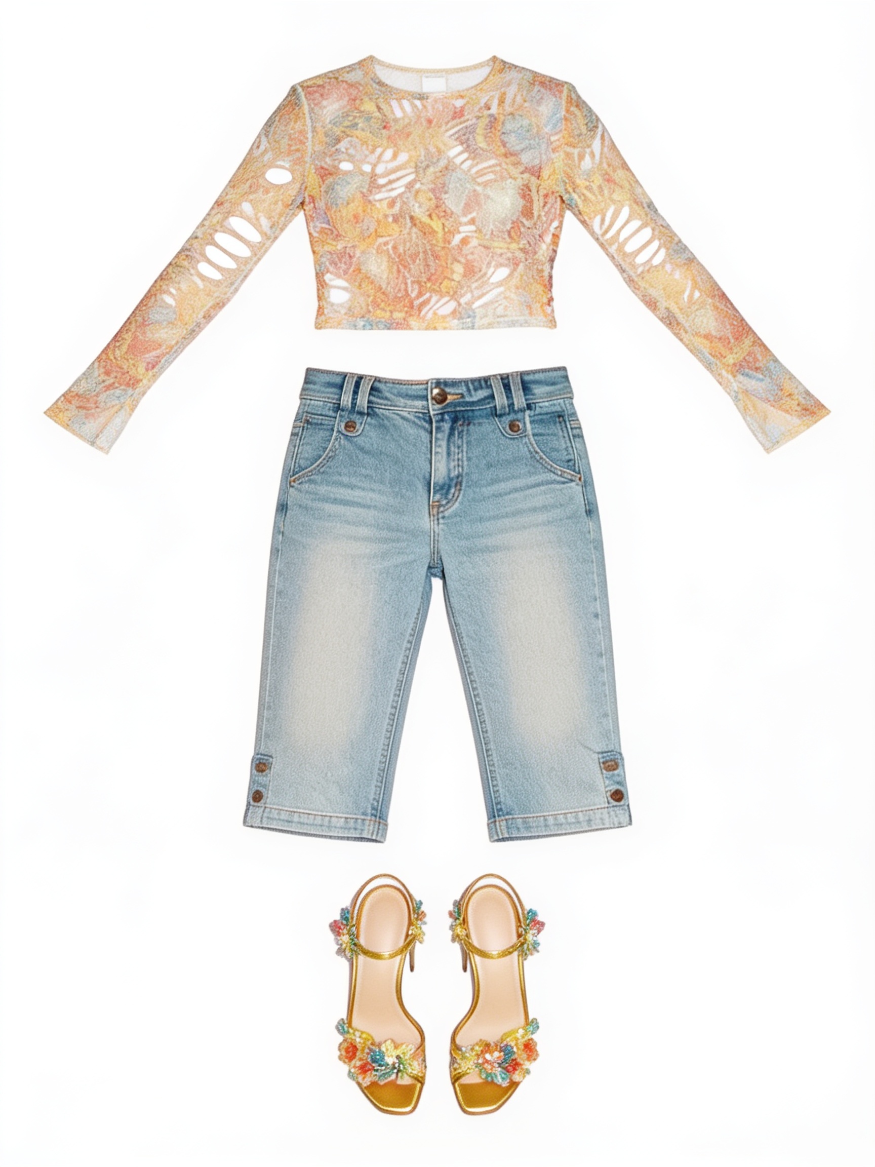 Gold lace cropped top and denim Bermuda shorts