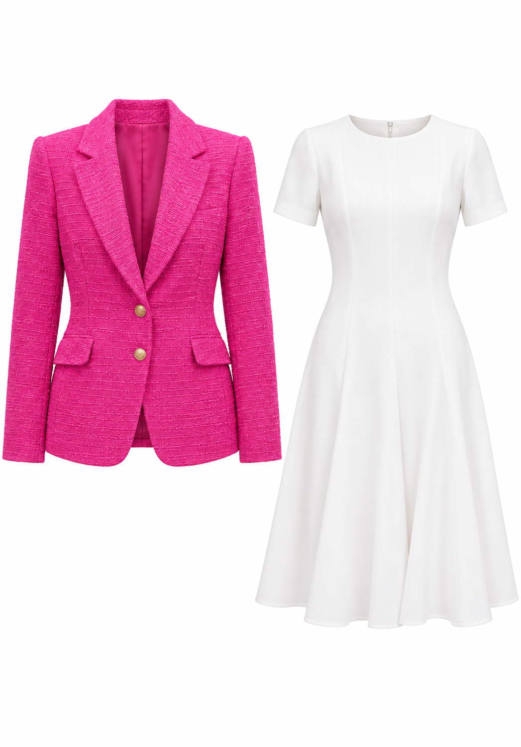 Pink tweed blazer and white dress