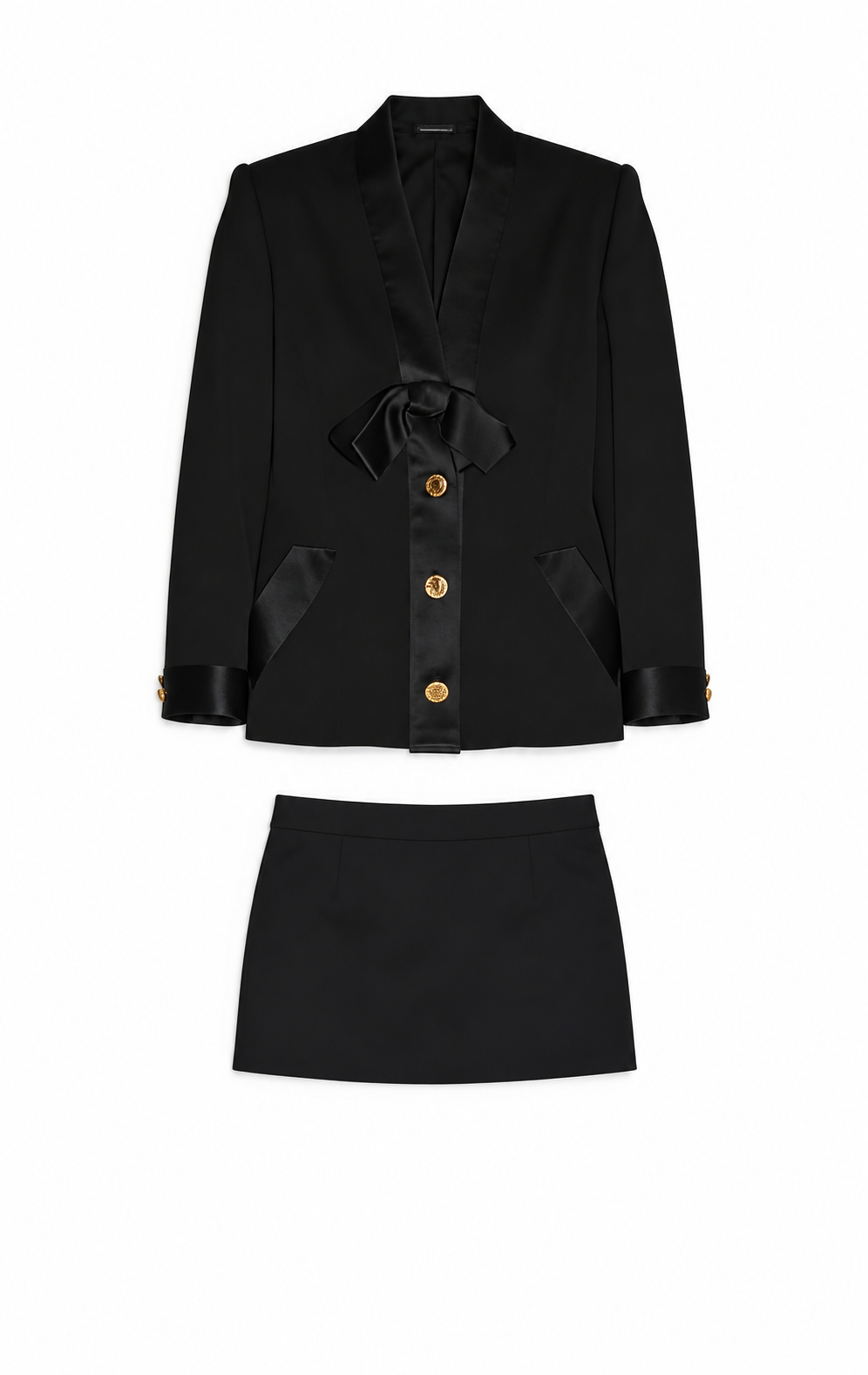 Black bow-trim blazer and mini skirt