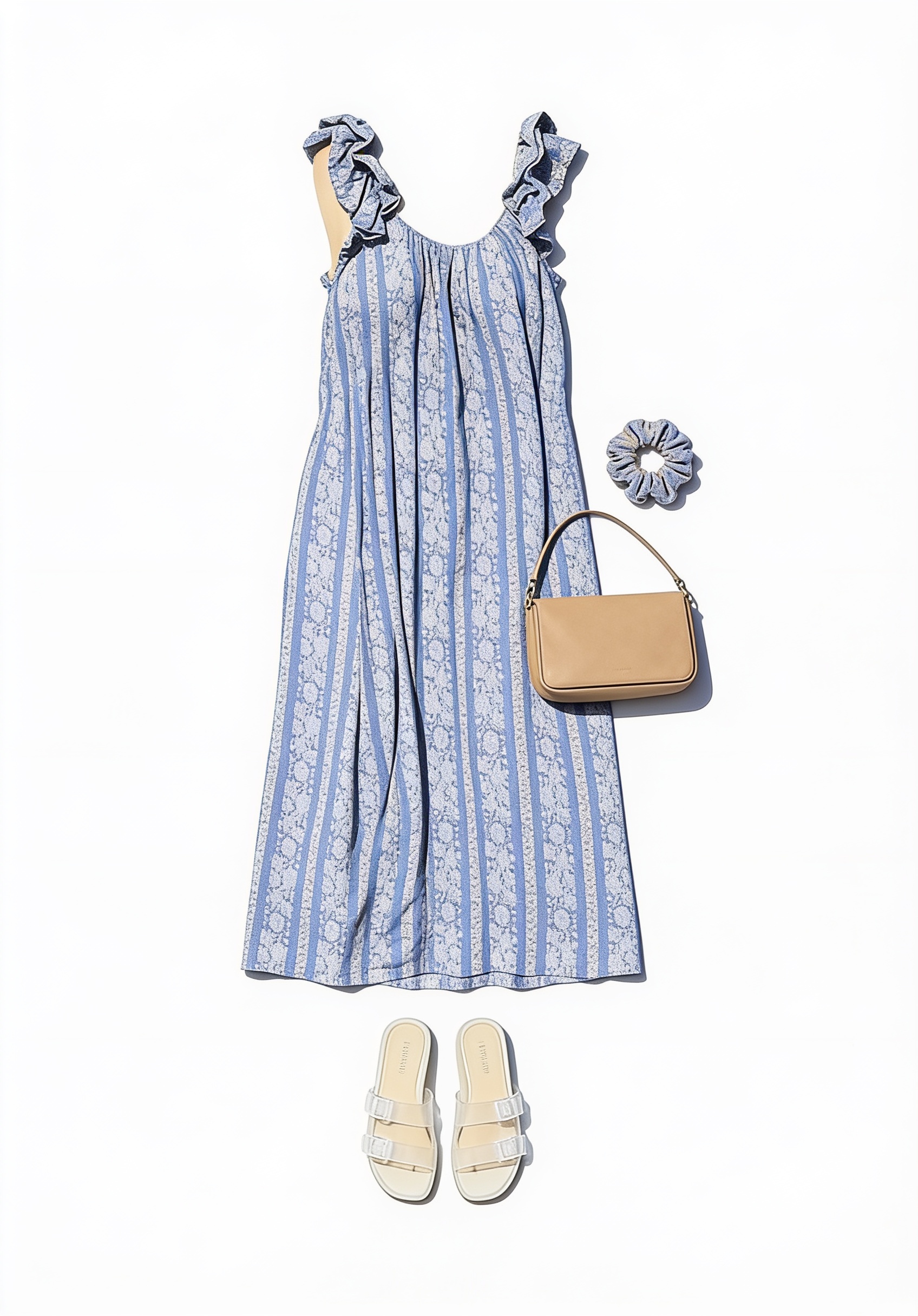 Blue patterned maxi dress and flat sandals