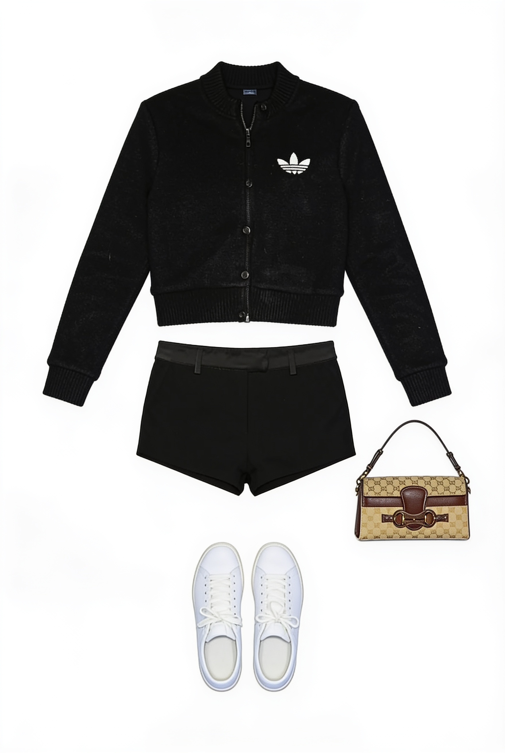 Black zip jacket and mini shorts