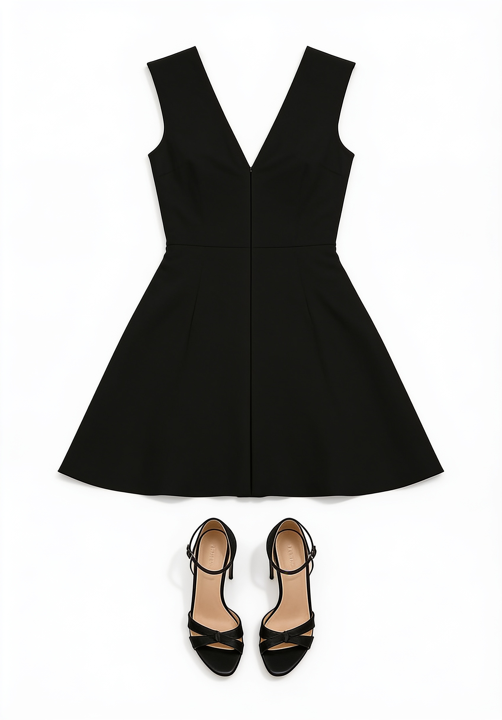 Black sleeveless V-neck dress and platform sandals