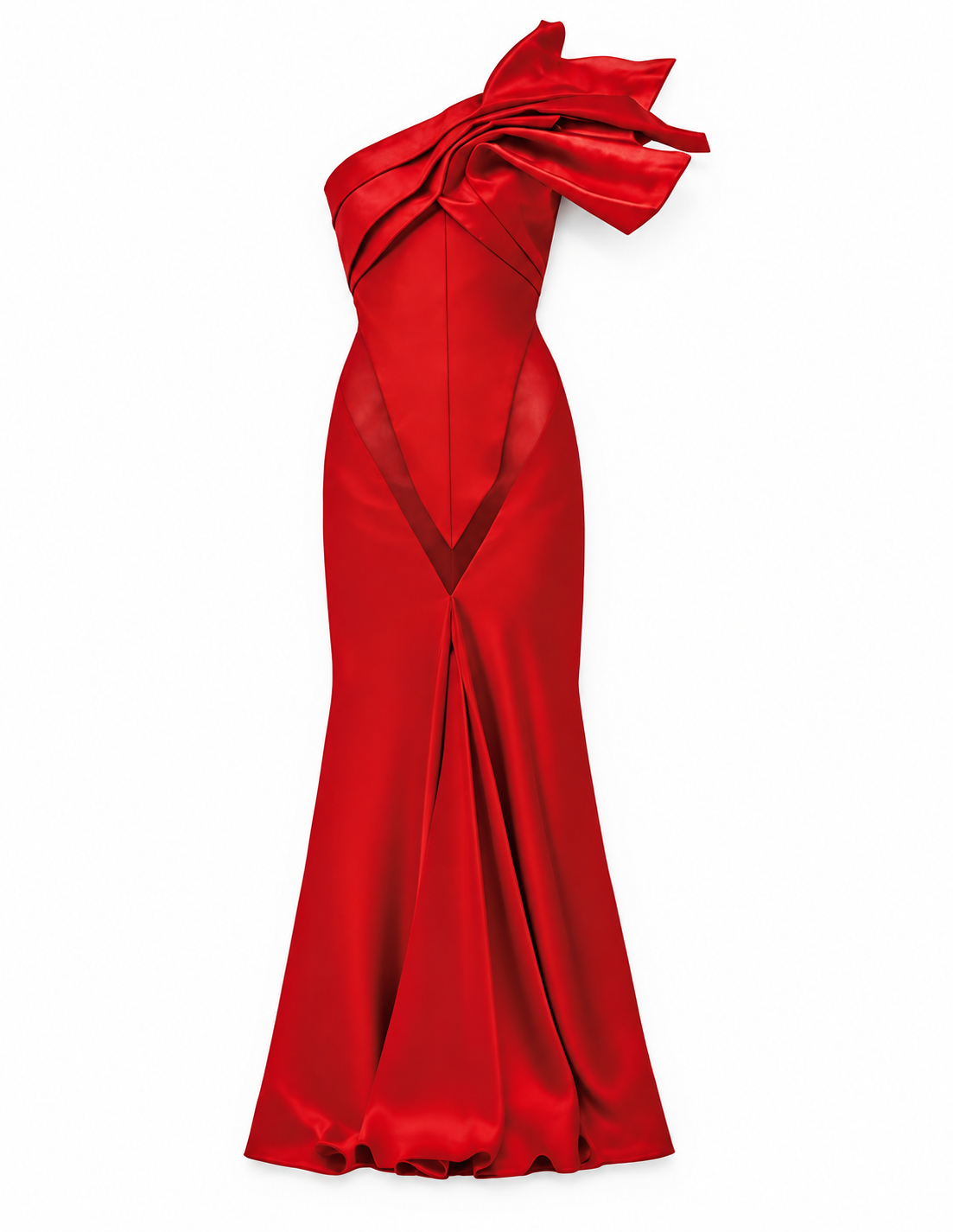 Red sculptural one-shoulder gown
