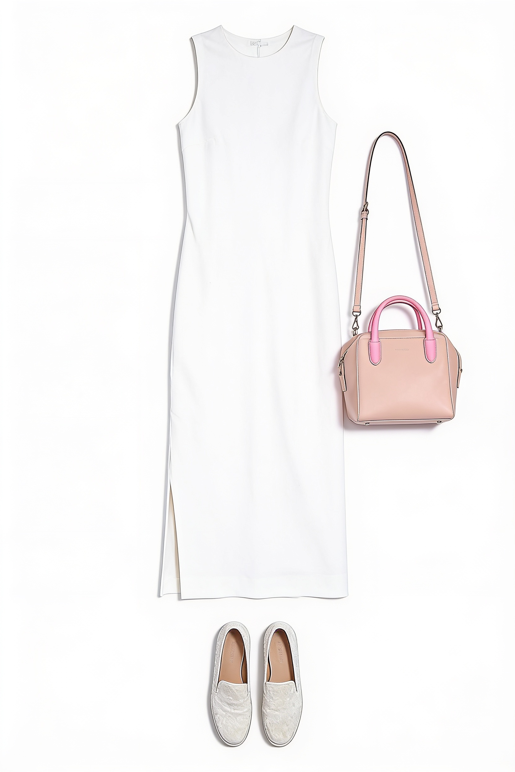 White sleeveless midi dress and trainers