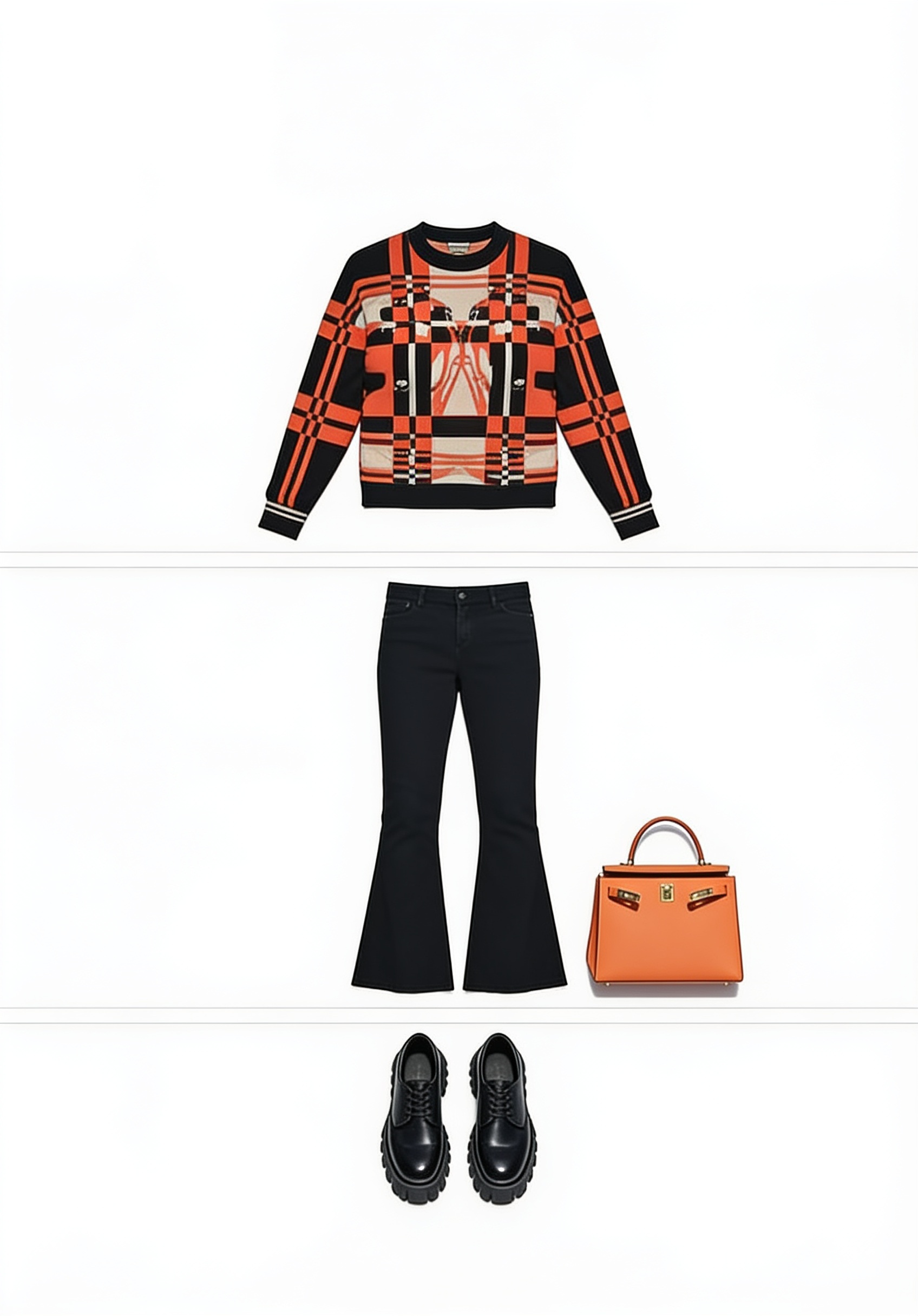 Patterned sweater and black flared trousers