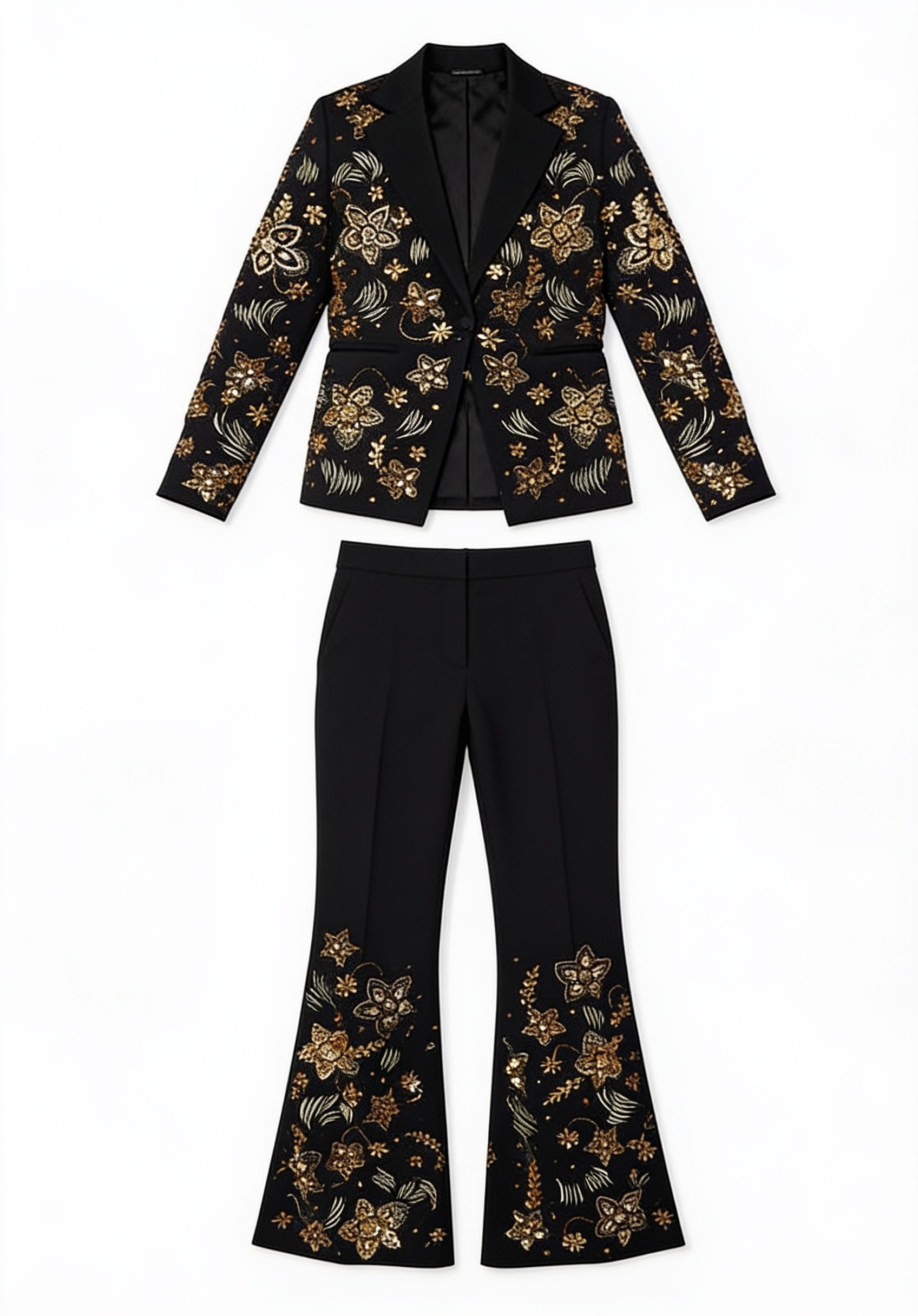 Black and gold floral trouser suit