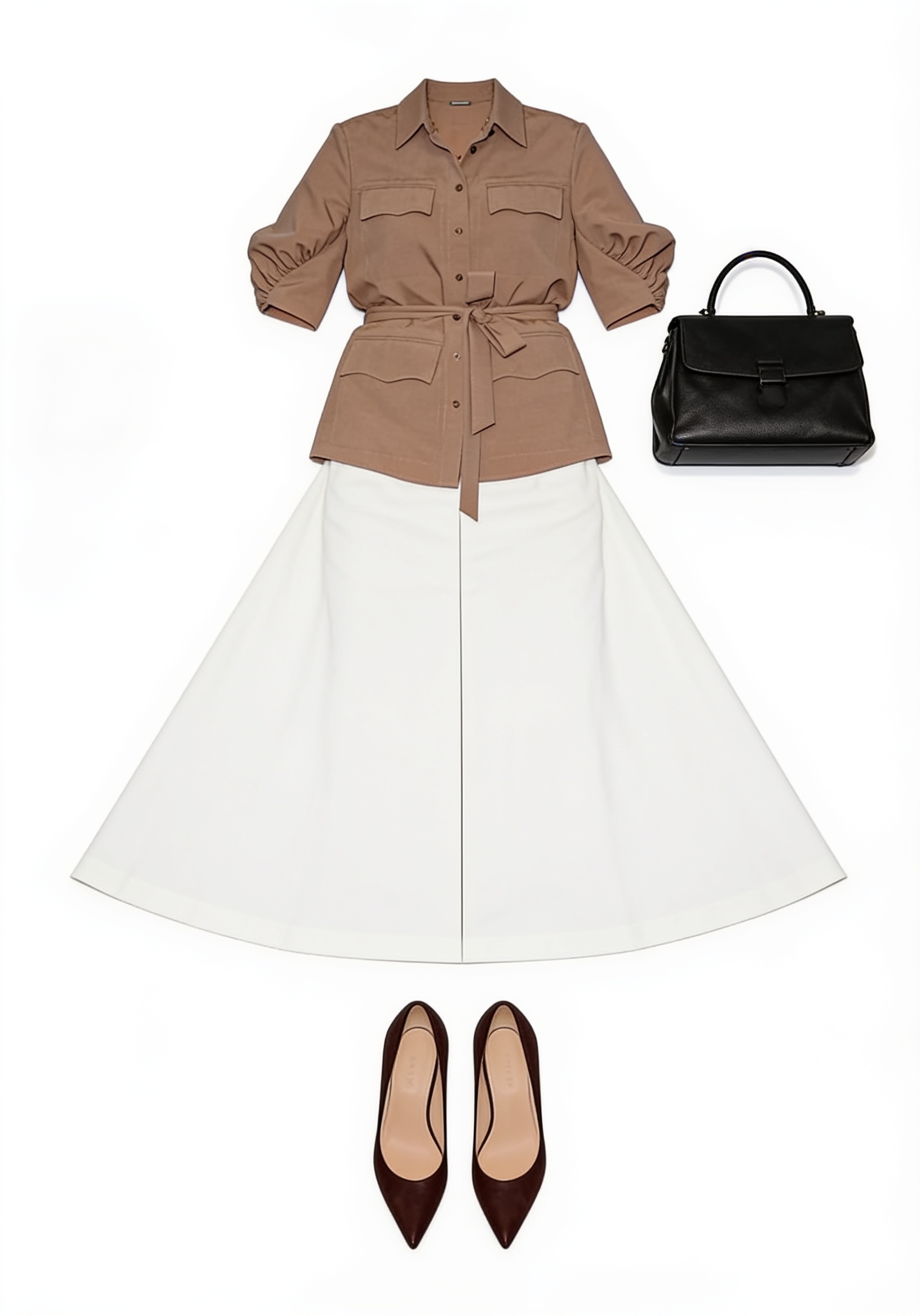 Taupe belted jacket and white maxi skirt