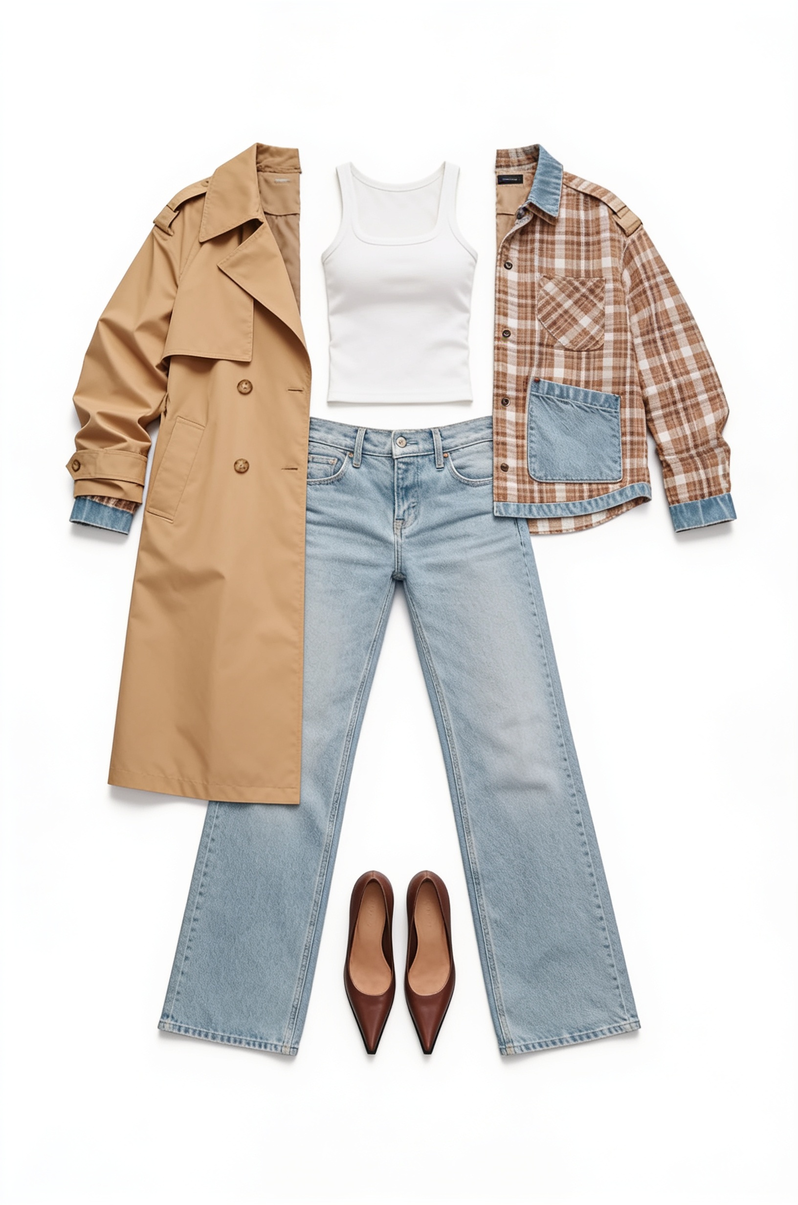 Tan trench coat and light-wash jeans