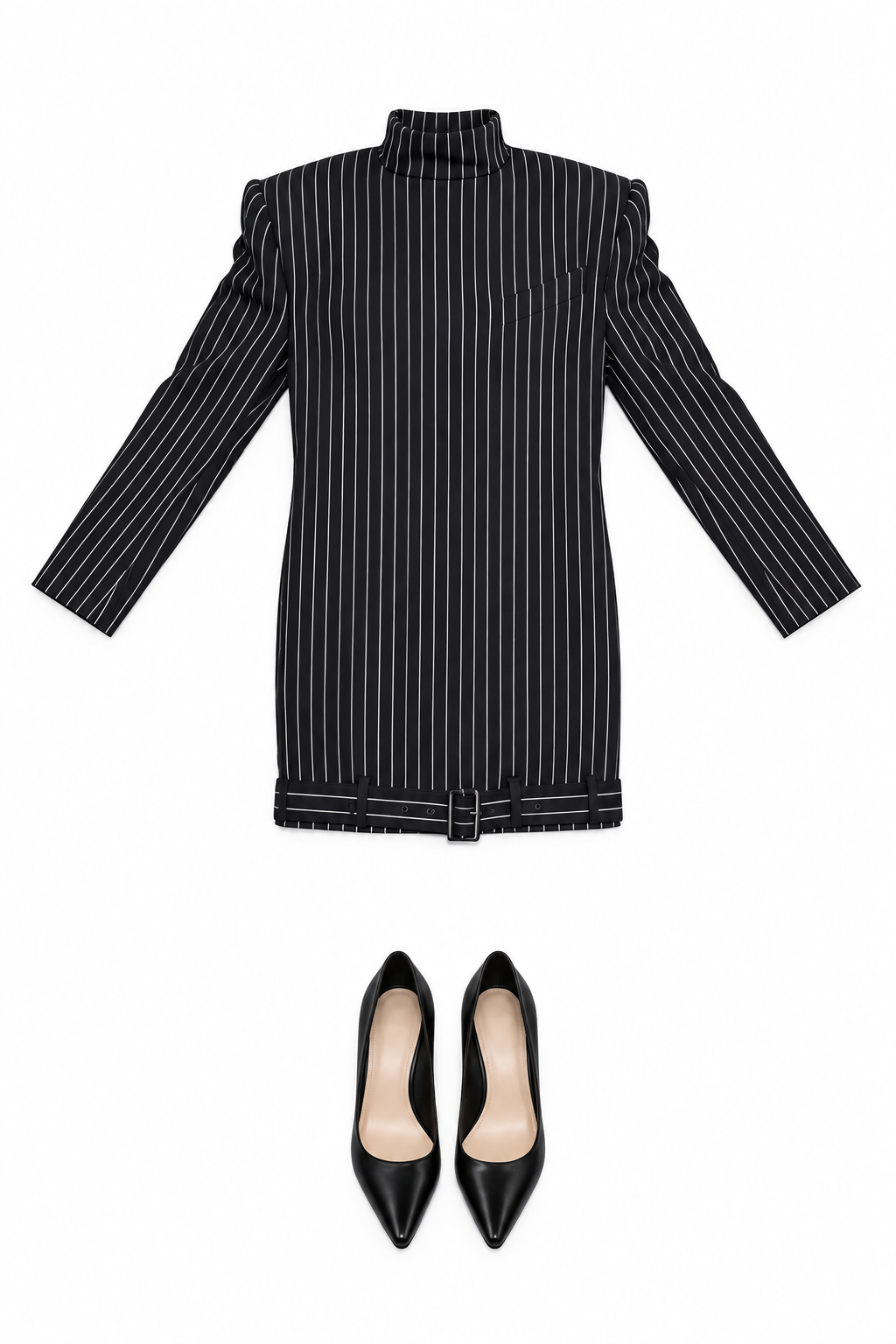 Black pinstripe long-sleeve mini dress