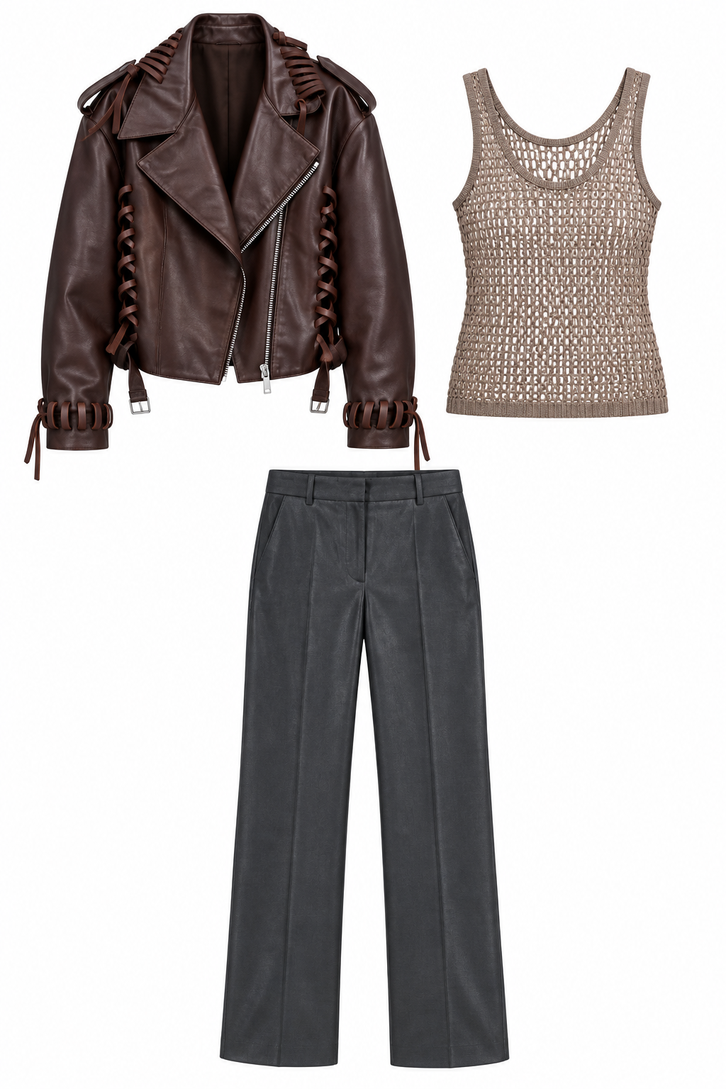 Brown leather jacket, taupe knit and charcoal trousers