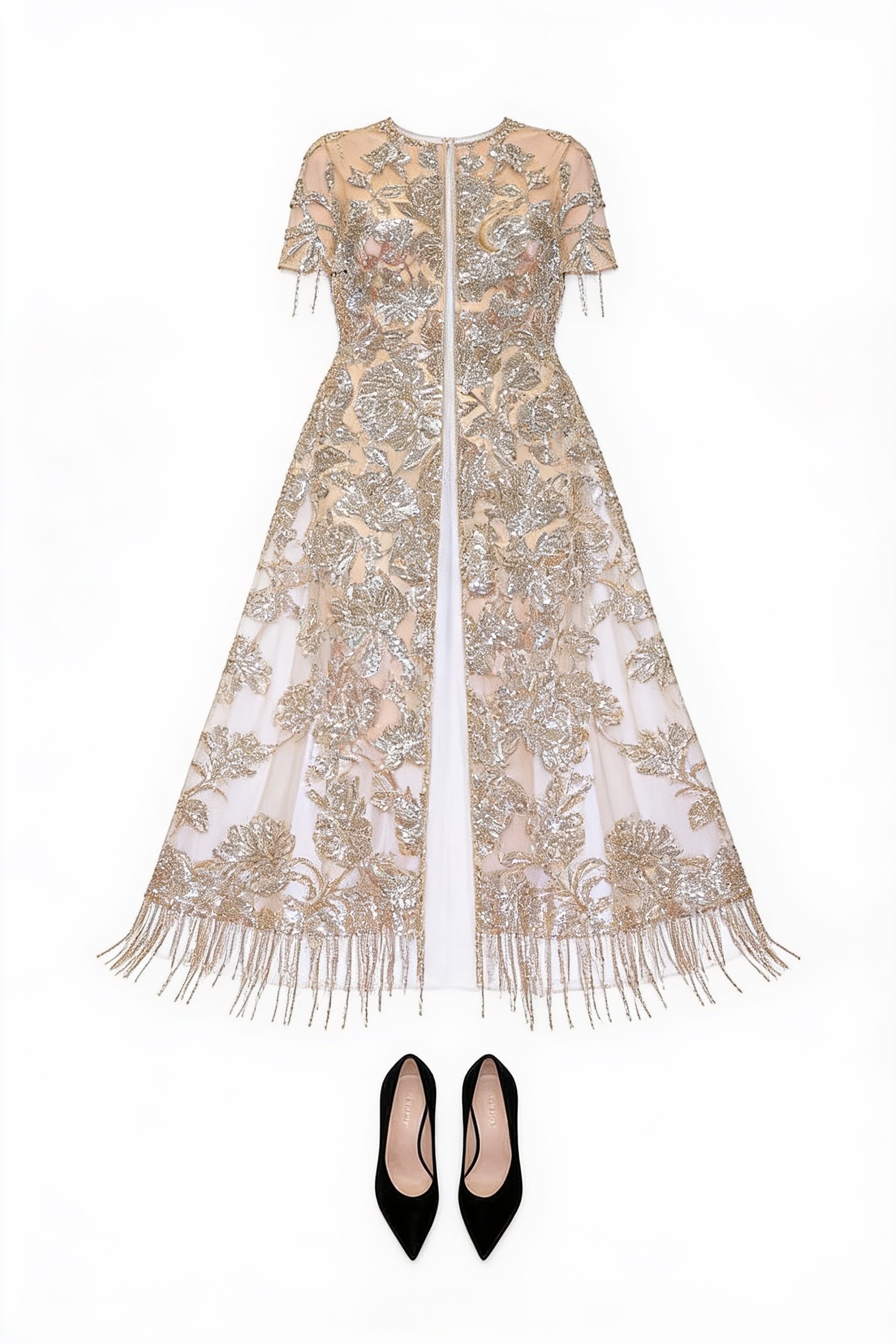 Ivory embroidered fringe dress