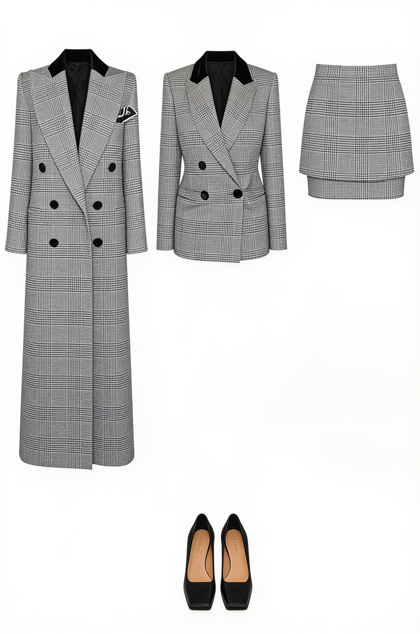 Grey checked coat, blazer and mini skirt