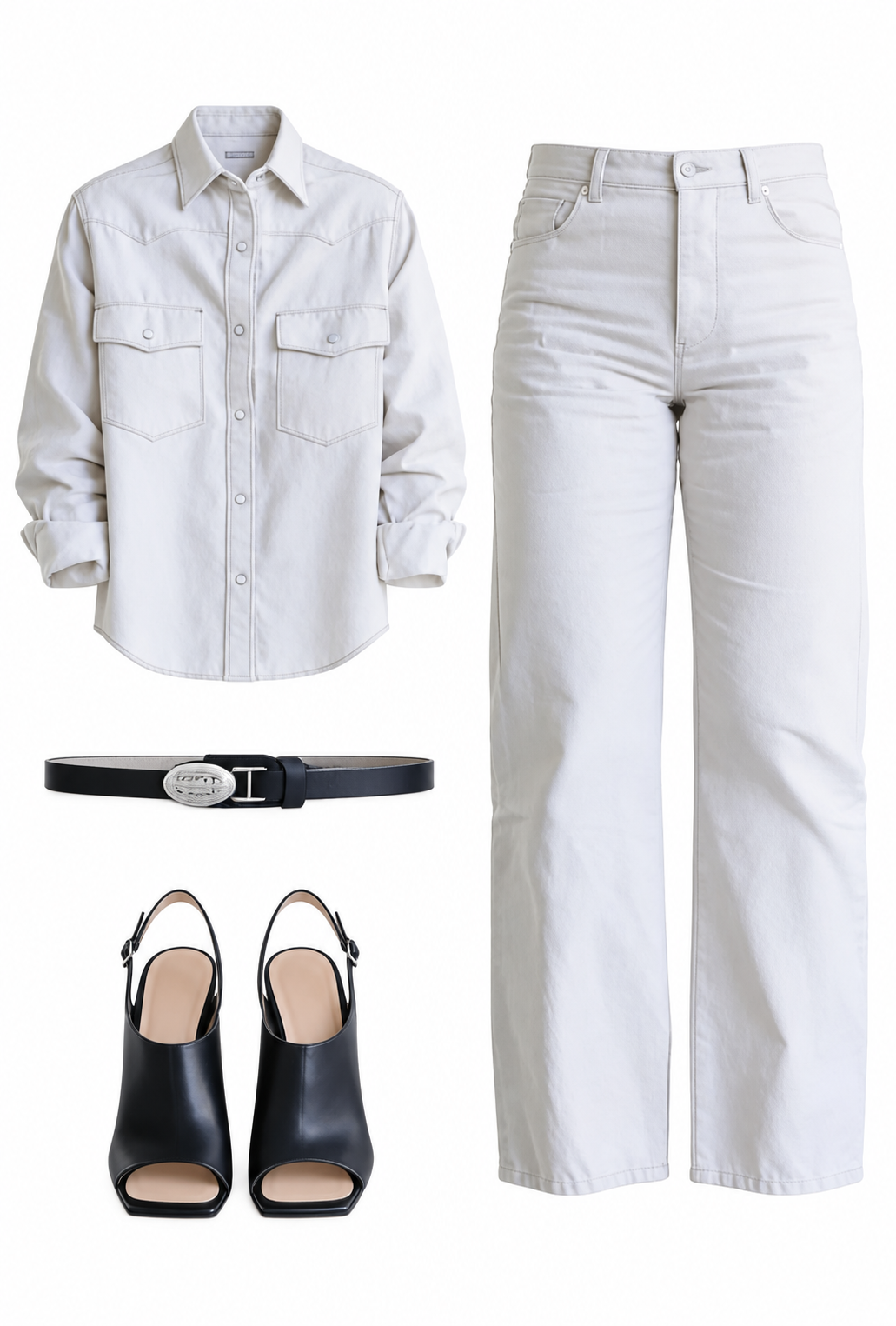 Pale grey shirt and white flared trousers