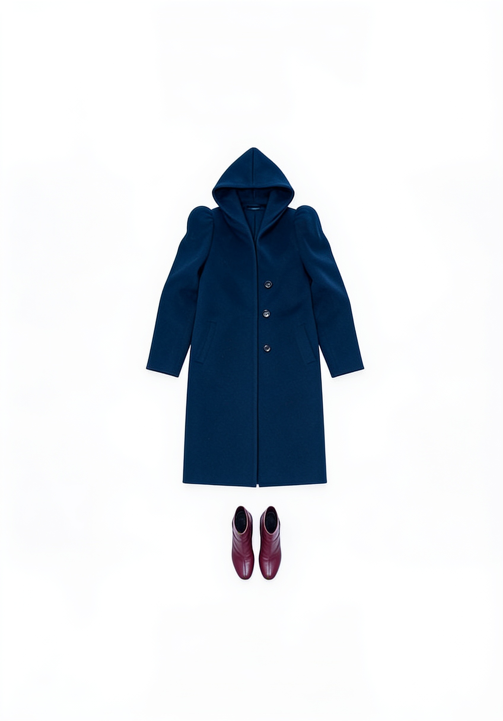 Navy long coat and burgundy boots