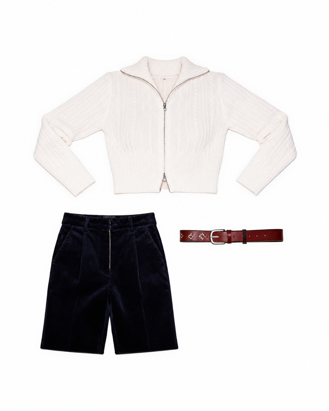 White zip cardigan and dark tailored shorts