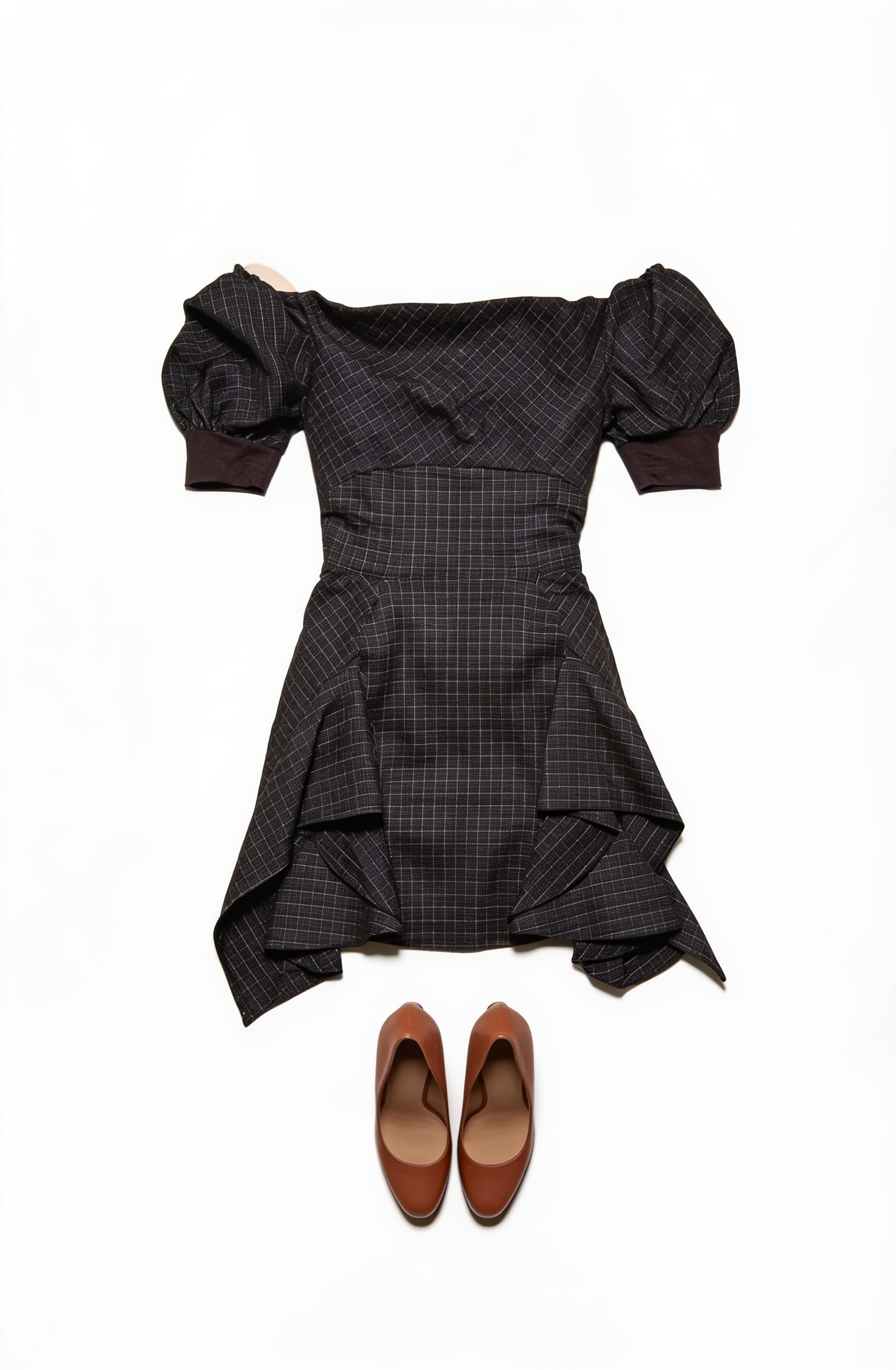 Dark checked puff-sleeve mini dress