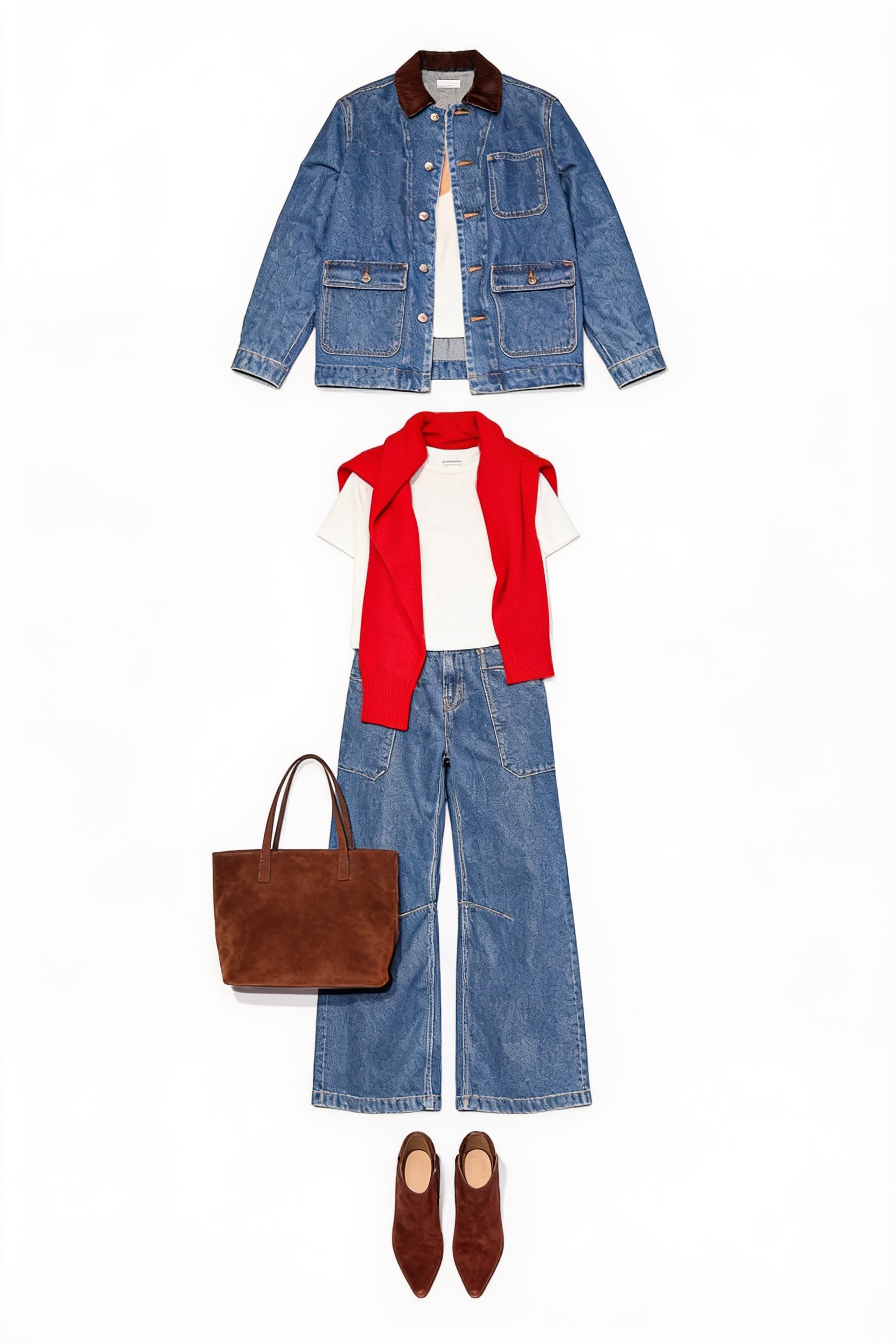 Denim jacket and wide-leg jeans with red sweater