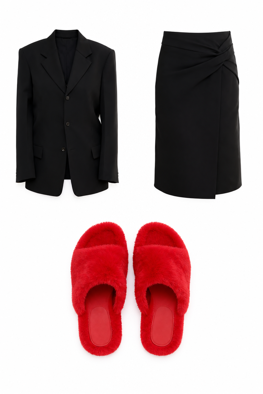 Black blazer and wrap midi skirt with red mules