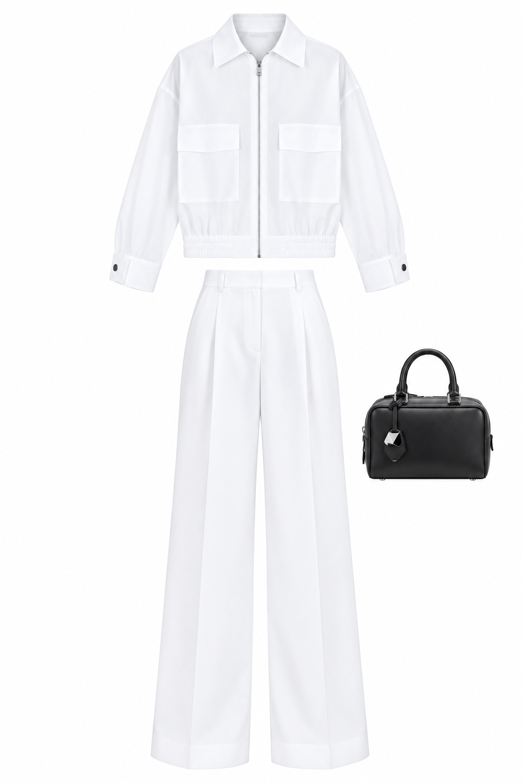 White zip jacket and wide-leg trousers