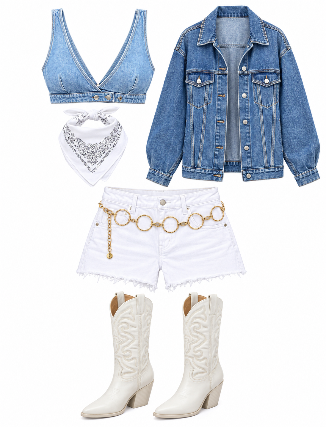 Denim bralette and white shorts with cowboy boots