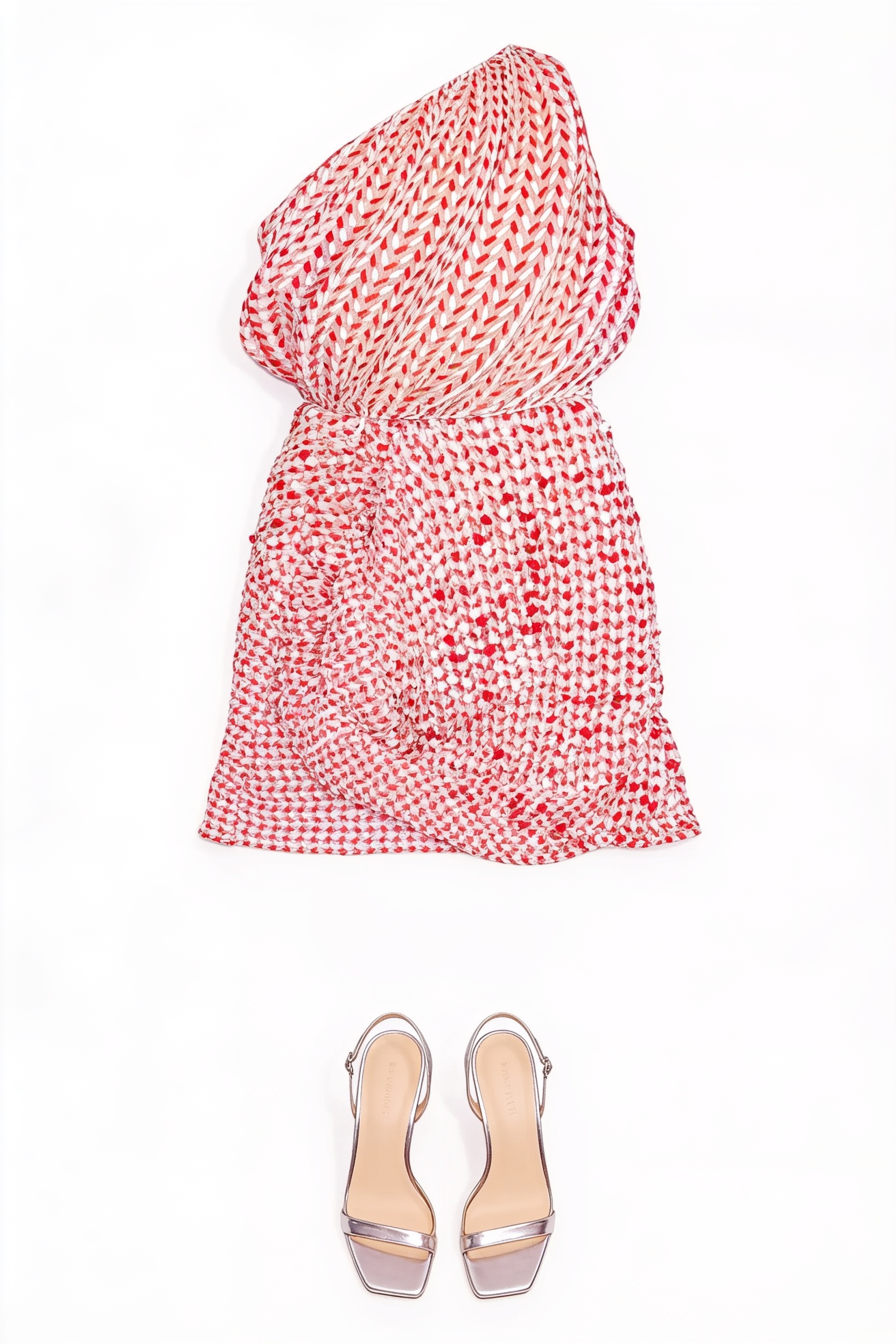 Red-and-white printed one-shoulder mini dress