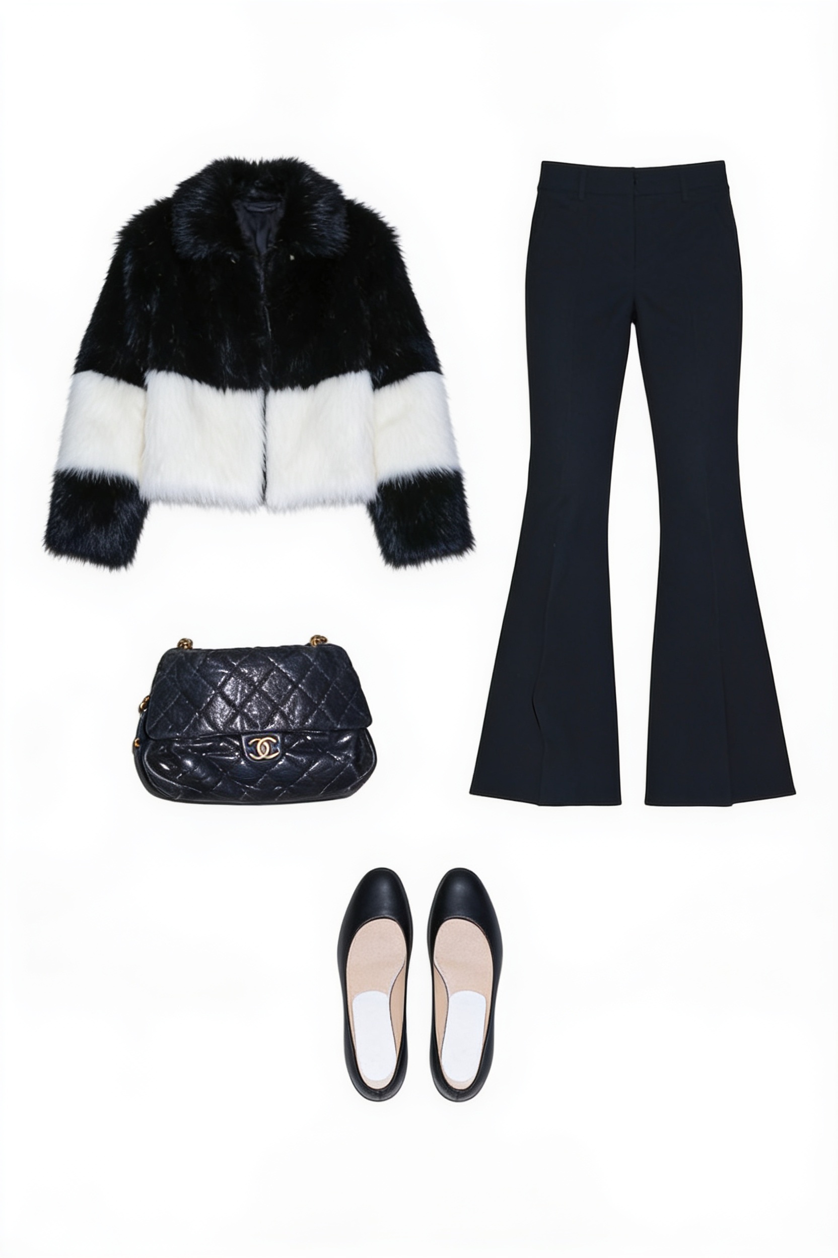 Black-and-white cropped fur jacket and flared trousers