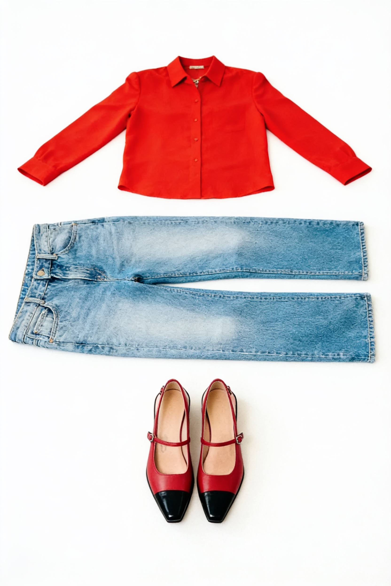 Red cropped jacket and blue jeans