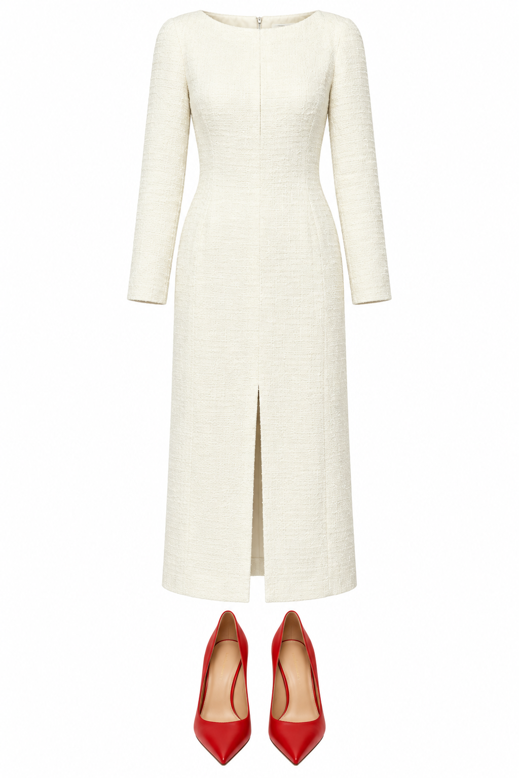 Ivory slit midi dress and red pumps
