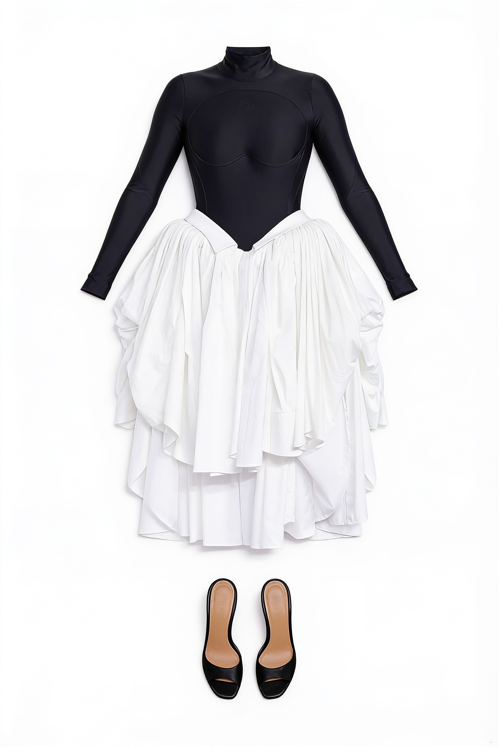 Black high-neck top and white tiered skirt