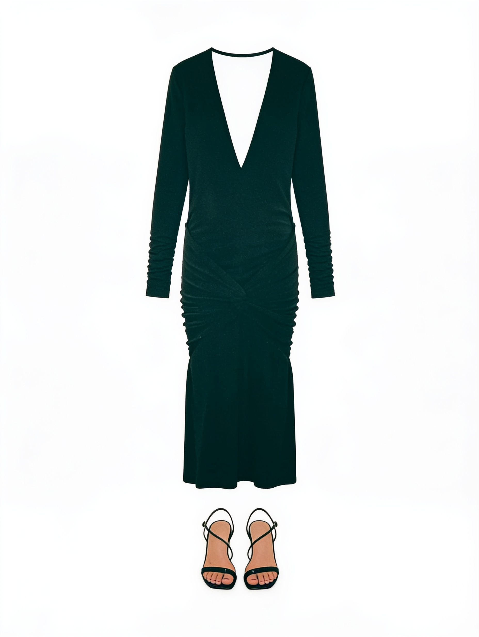 Dark green ruched V-neck midi dress