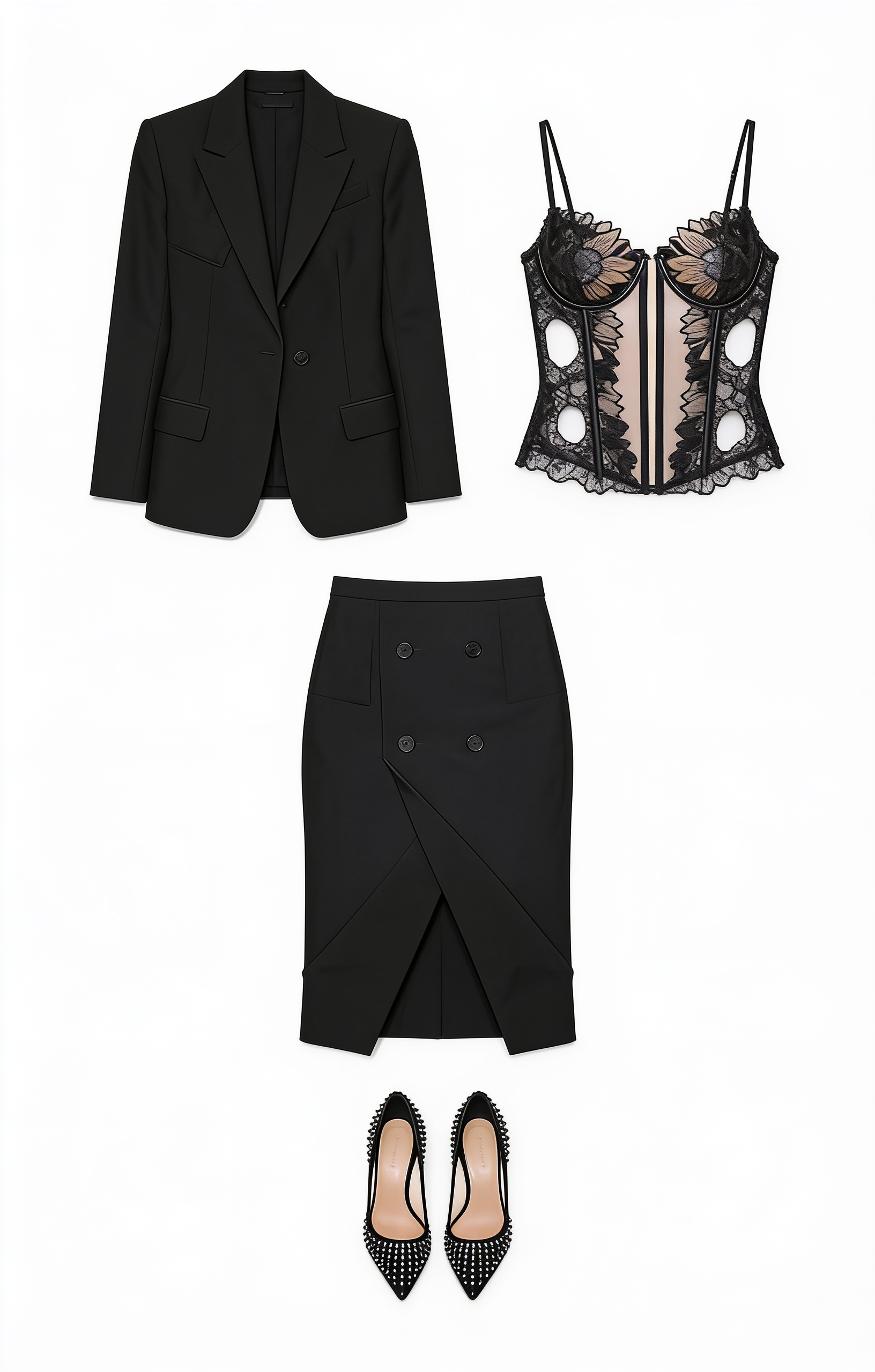 Black blazer and corset skirt ensemble