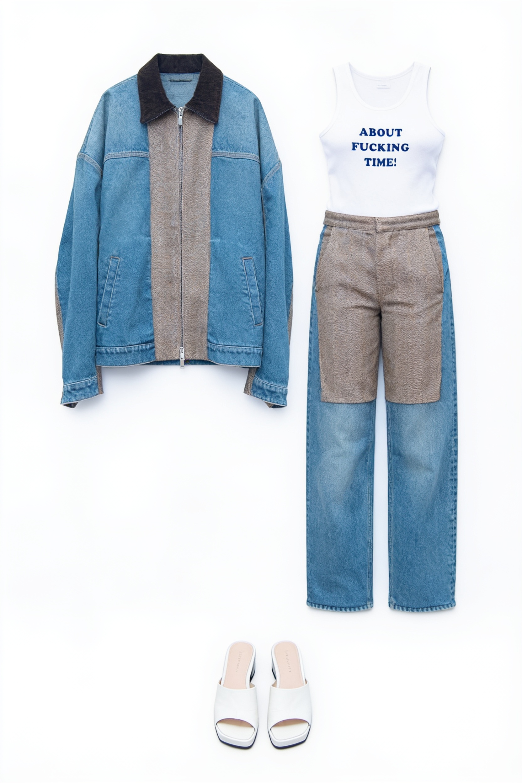 Denim jacket, slogan tee and two-tone jeans