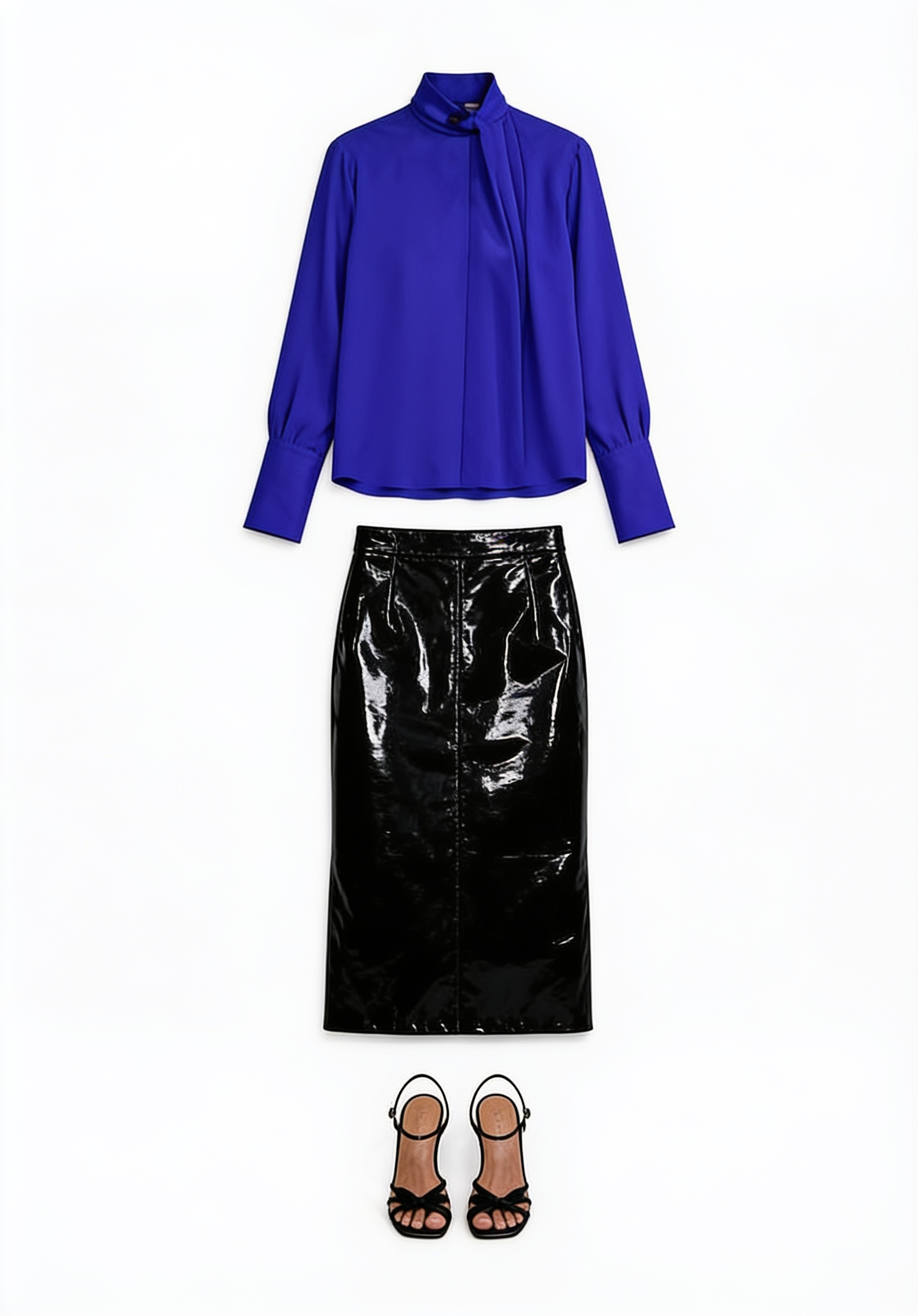 Cobalt blouse and black textured midi skirt