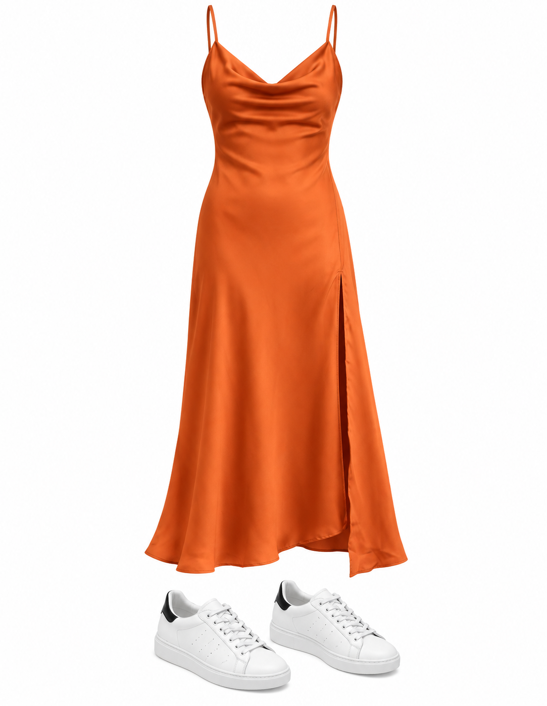 Rust satin slip dress and white trainers