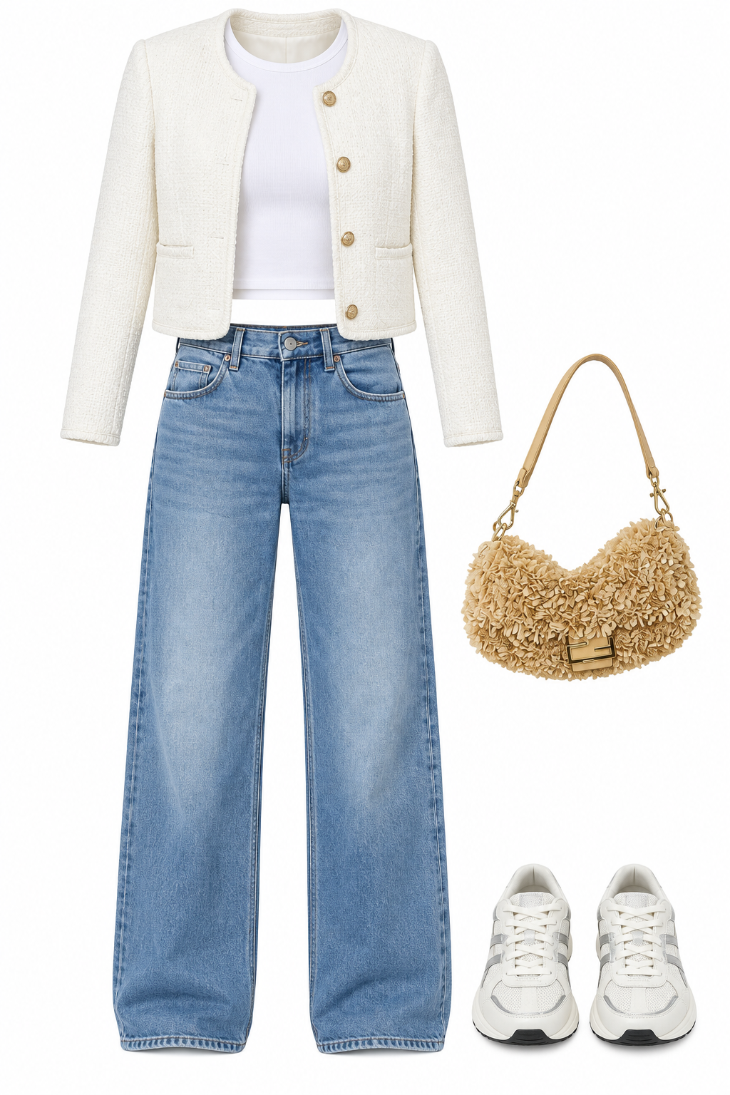 Ivory tweed jacket and wide-leg jeans