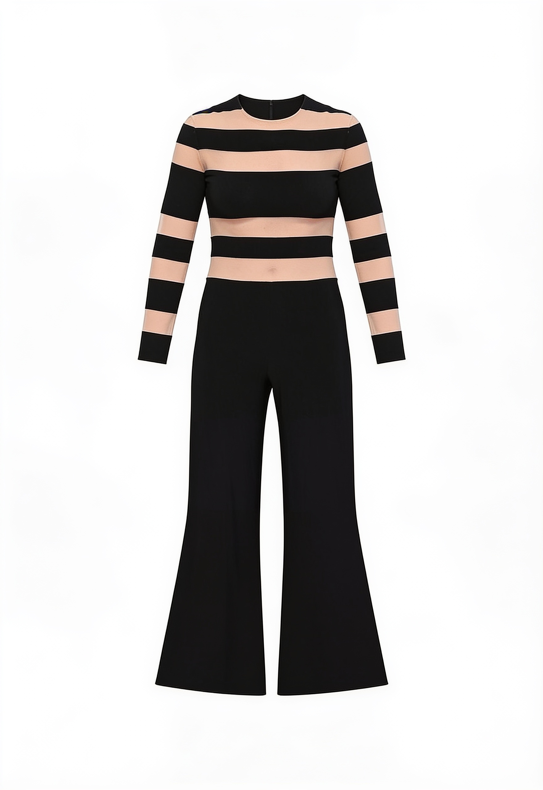 Striped off-shoulder sweater and black flared trousers