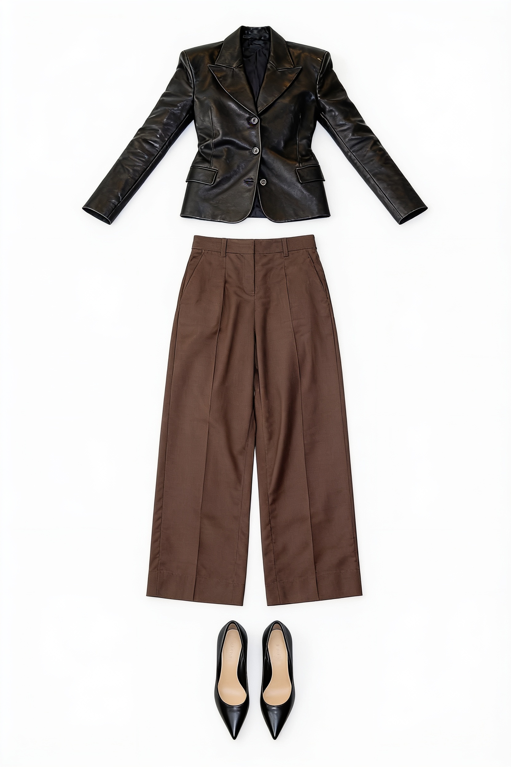 Black leather blazer and brown wide-leg trousers
