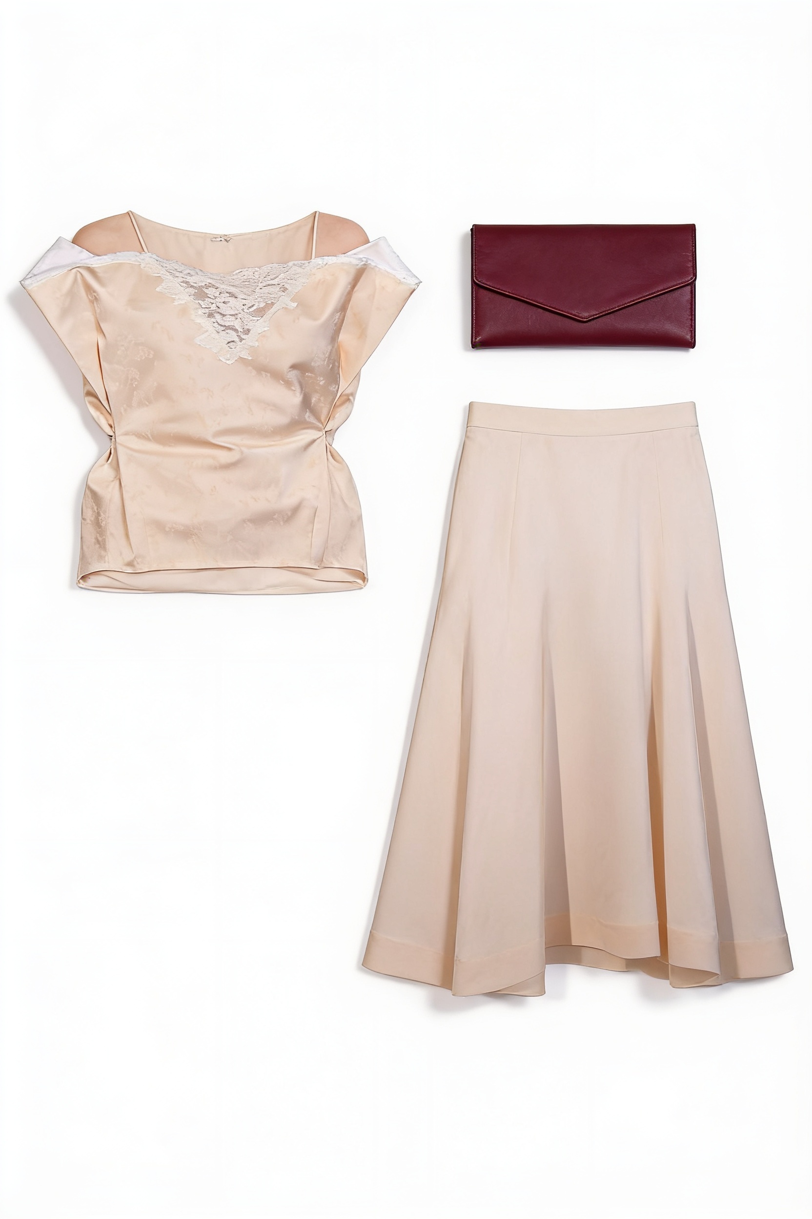 Ivory off-shoulder top and flared skirt