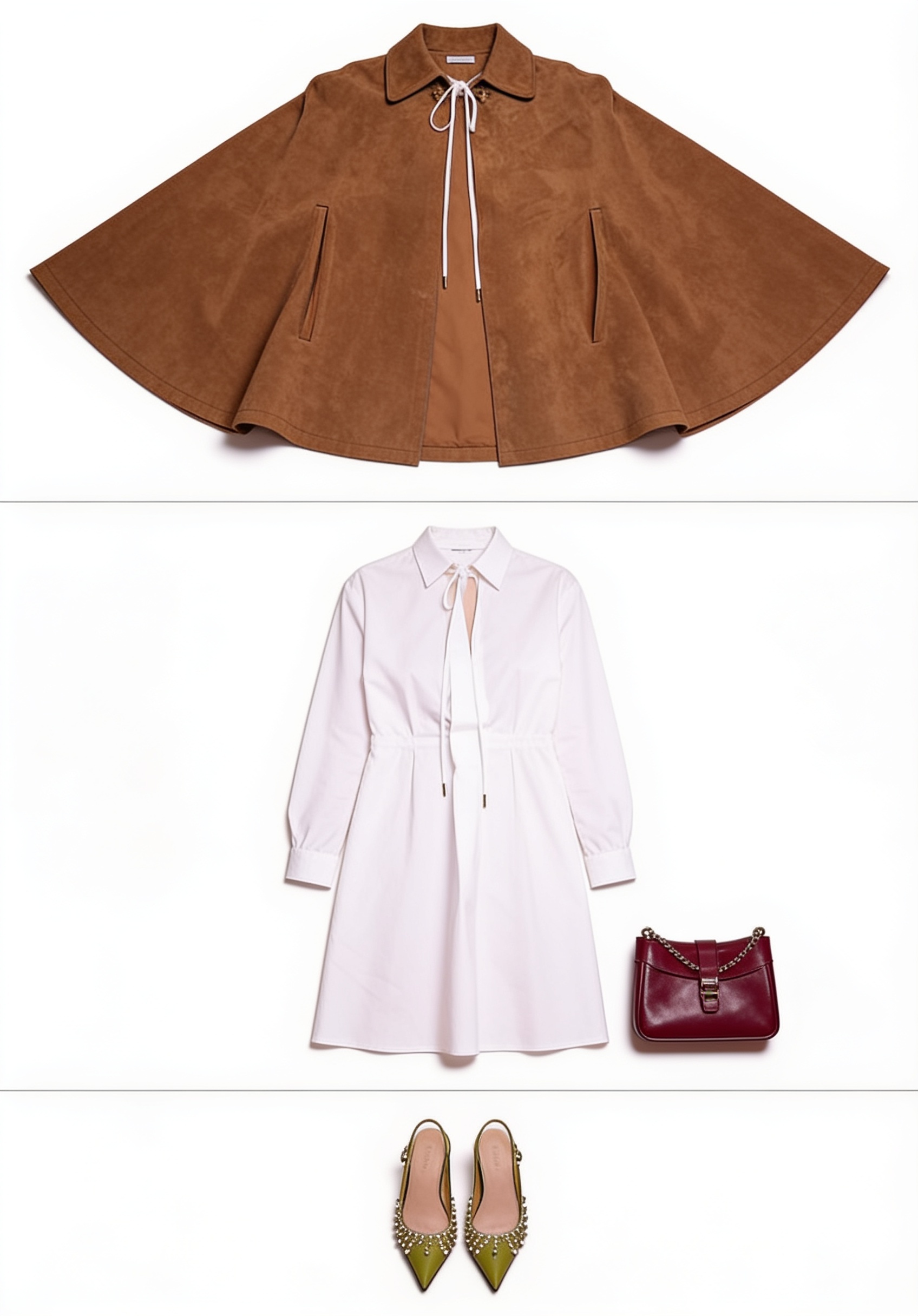 Brown cape and white shirt dress
