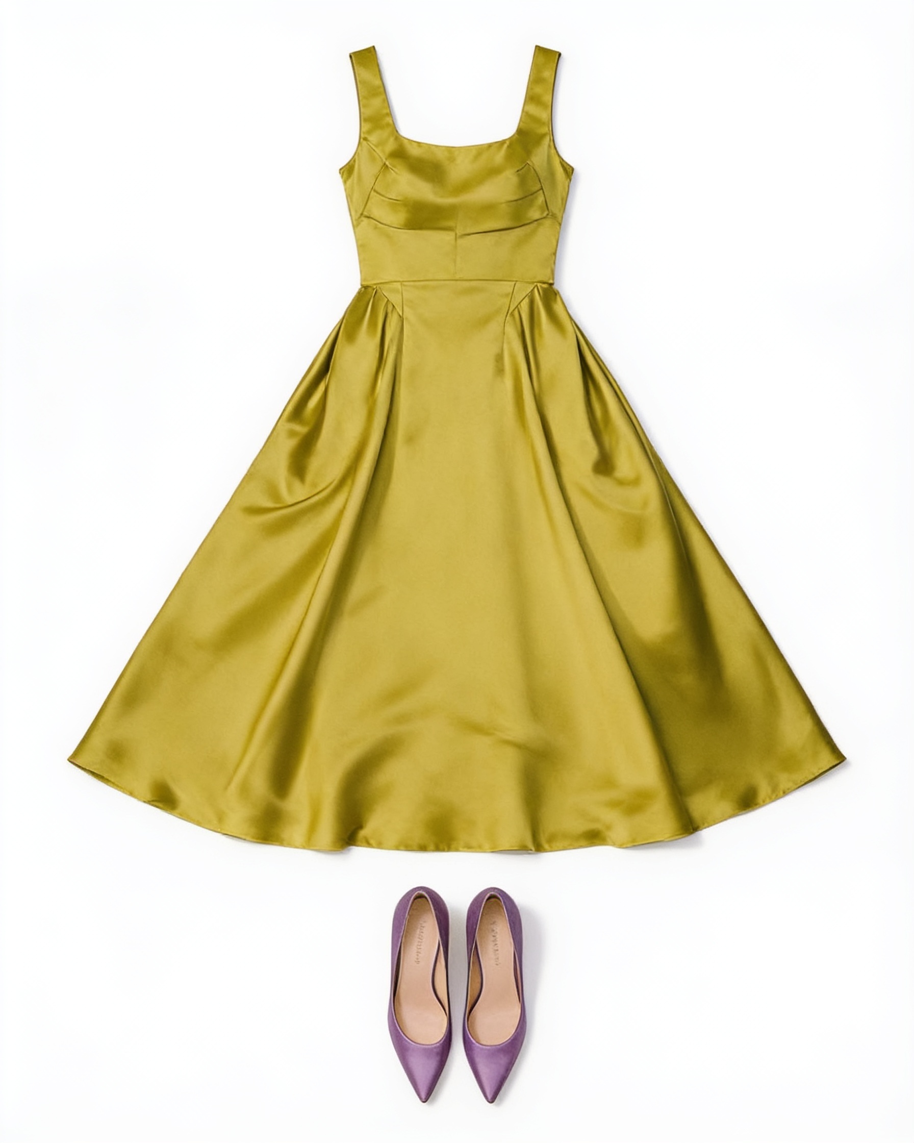 Olive satin midi dress and lilac pumps