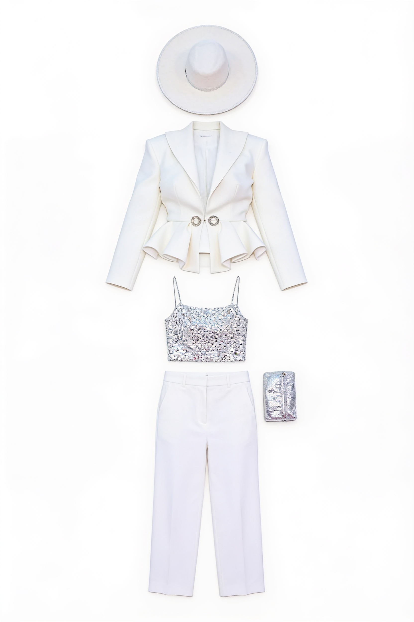 White peplum suit and wide-brim hat